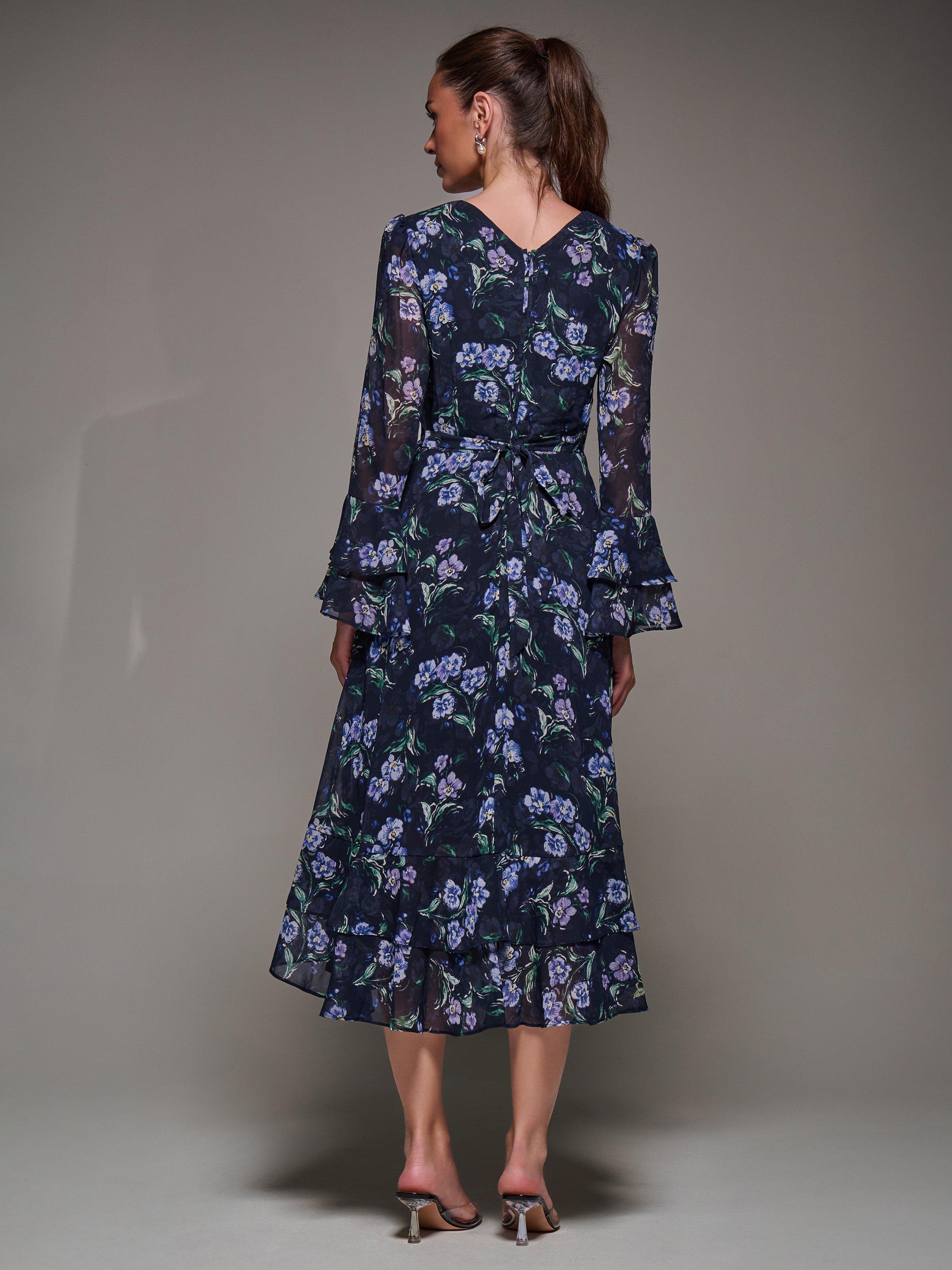 Product image 2 of 7, which shows Jolie Moi Frill Print Midi Dress, Navy, 8