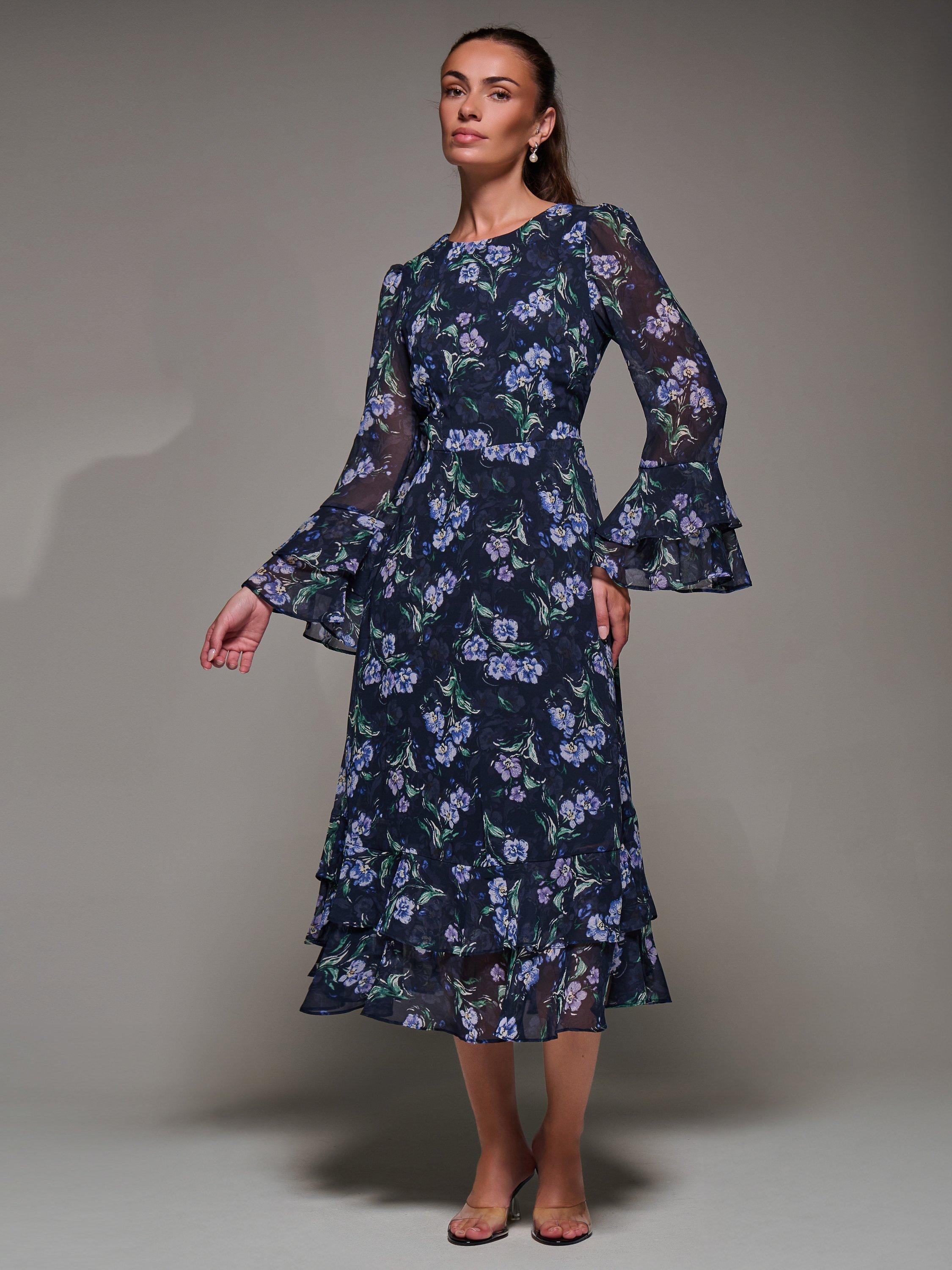 Product image 3 of 7, which shows Jolie Moi Frill Print Midi Dress, Navy, 8