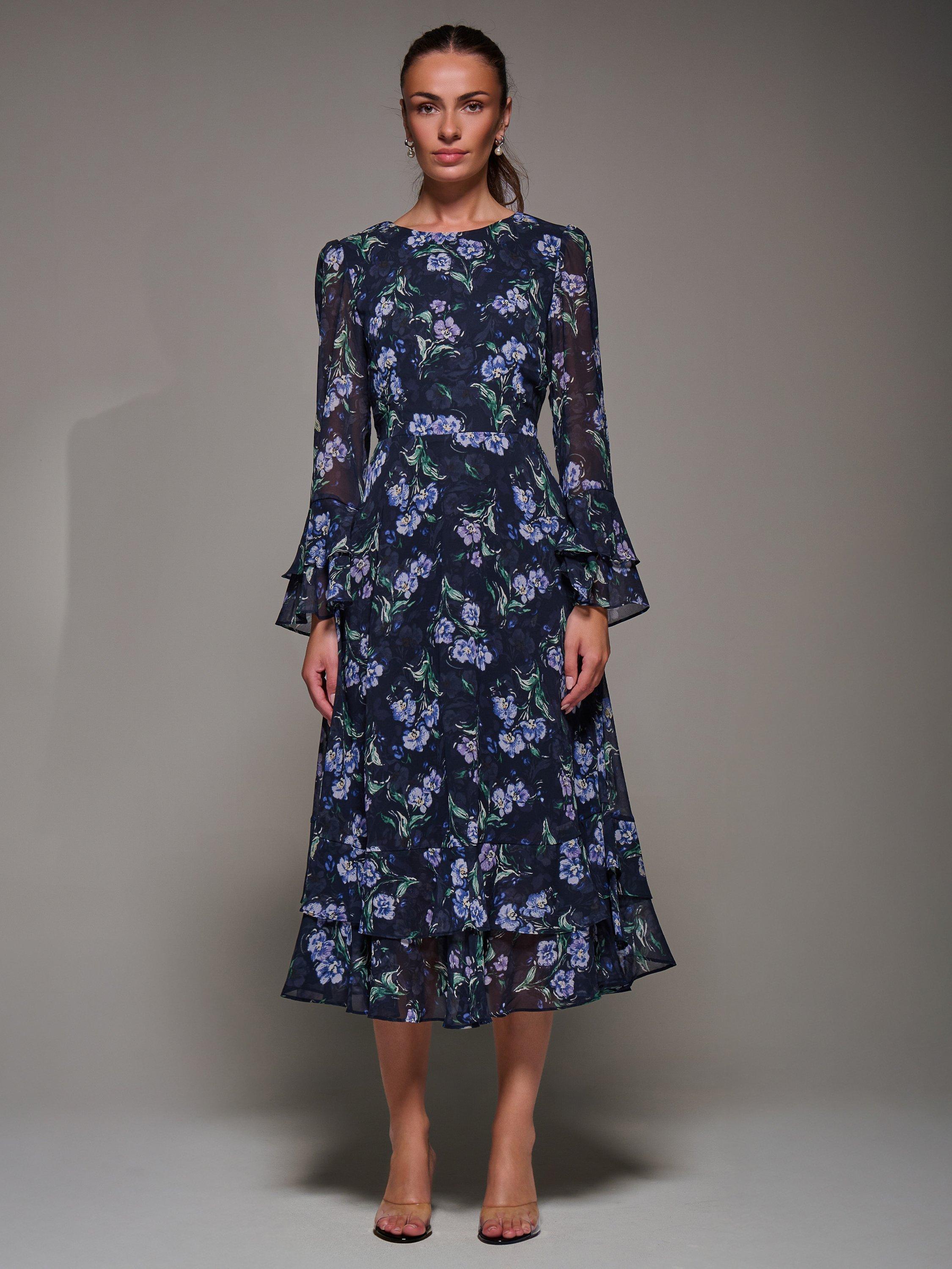 Product image 5 of 7, which shows Jolie Moi Frill Print Midi Dress, Navy, 8