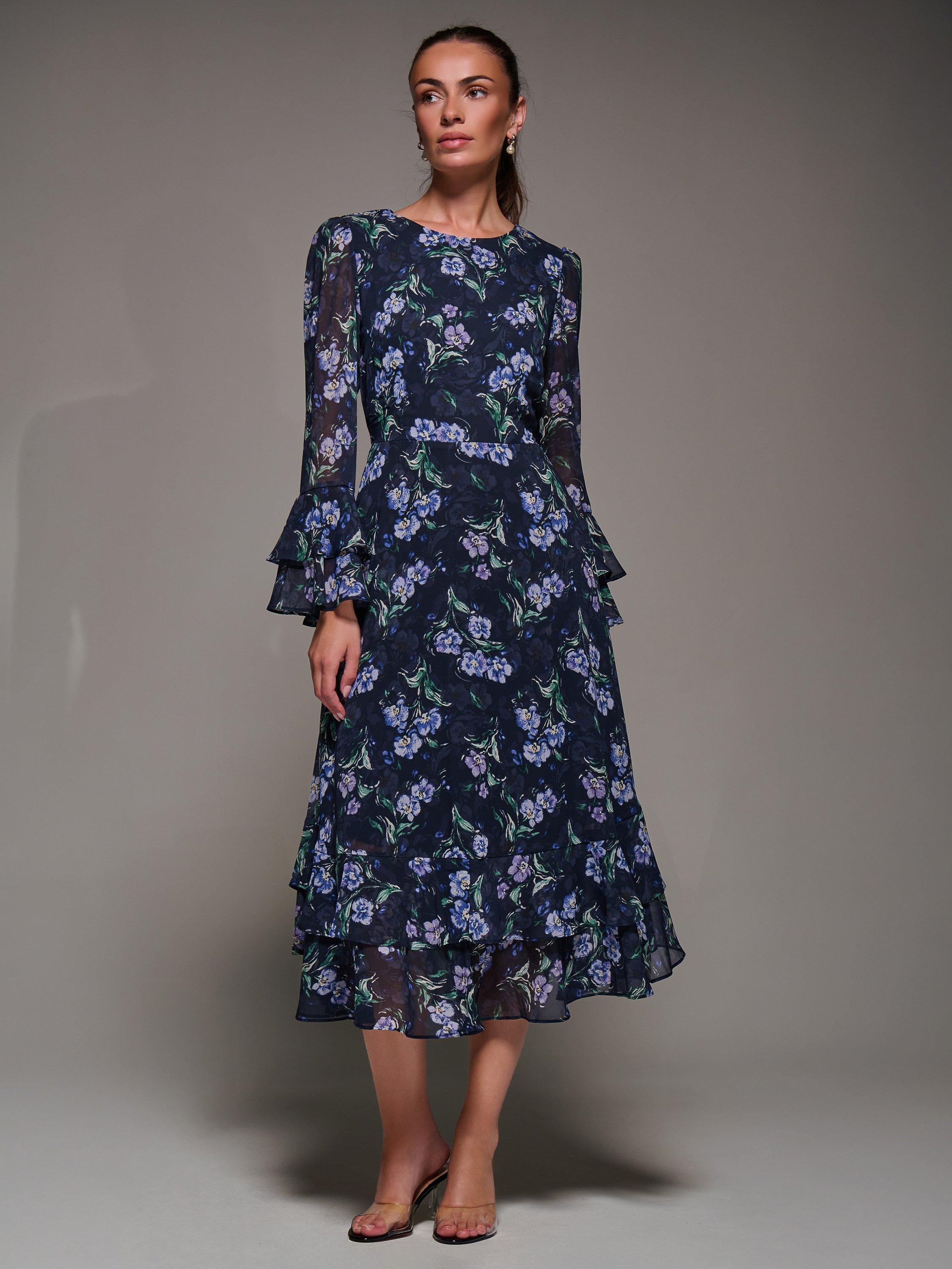 Product image 6 of 7, which shows Jolie Moi Frill Print Midi Dress, Navy, 8