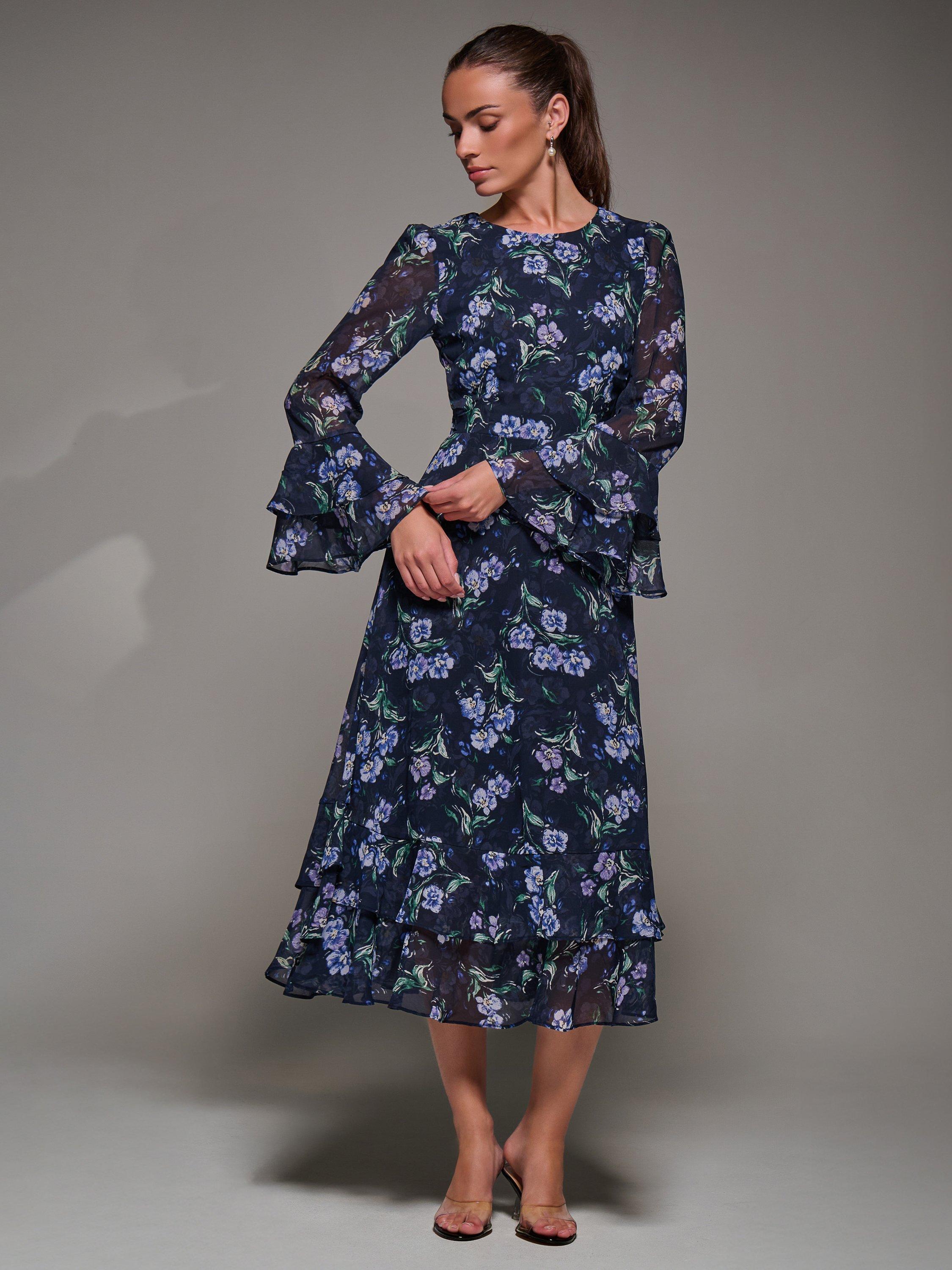 Product image 7 of 7, which shows Jolie Moi Frill Print Midi Dress, Navy, 8