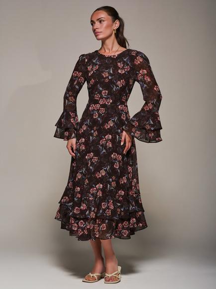 Jolie Moi Frill Print Midi Dress, Burgundy