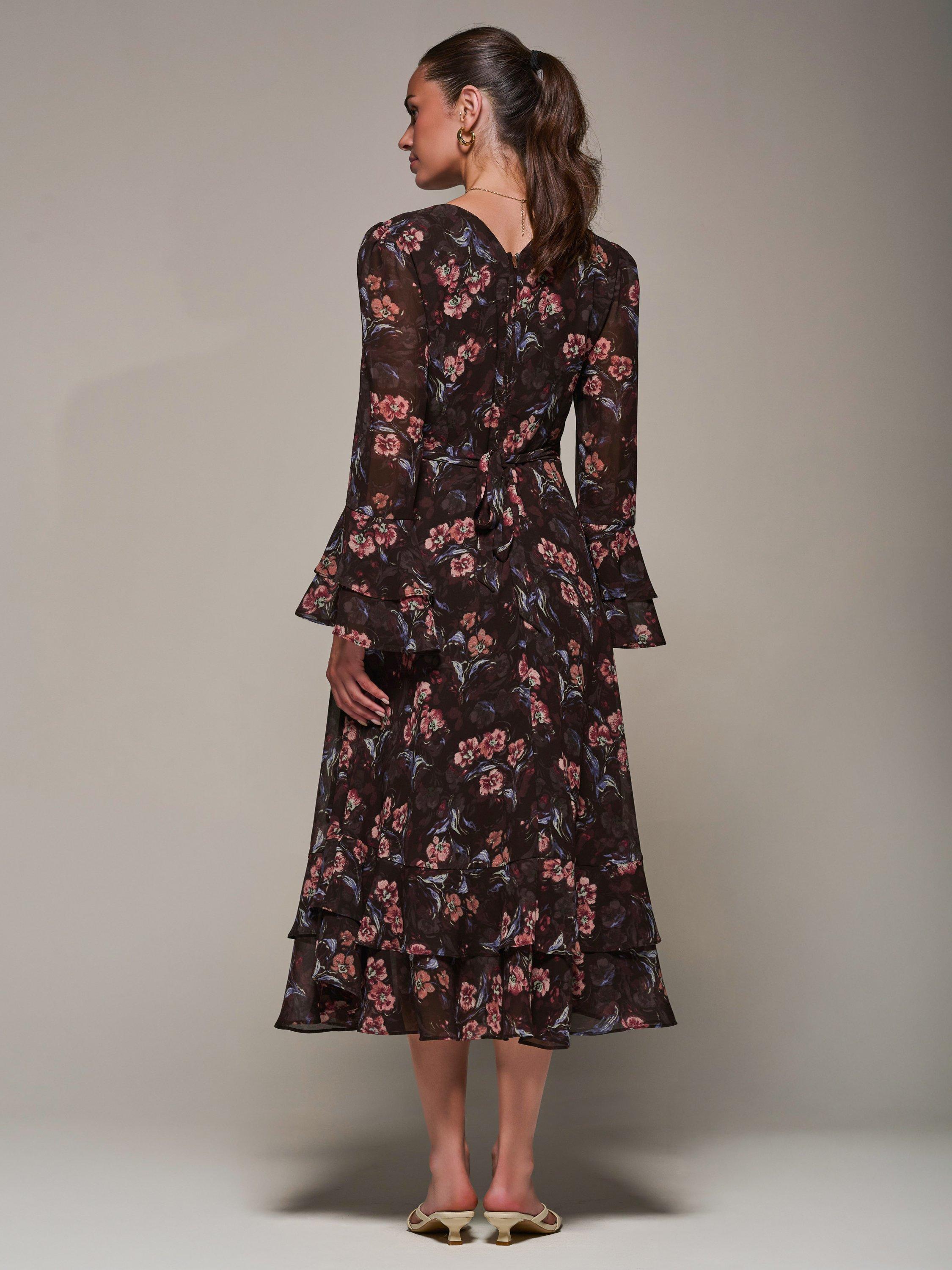 Jolie Moi Frill Print Midi Dress, Burgundy