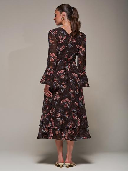 Jolie Moi Frill Print Midi Dress - view 2, Burgundy