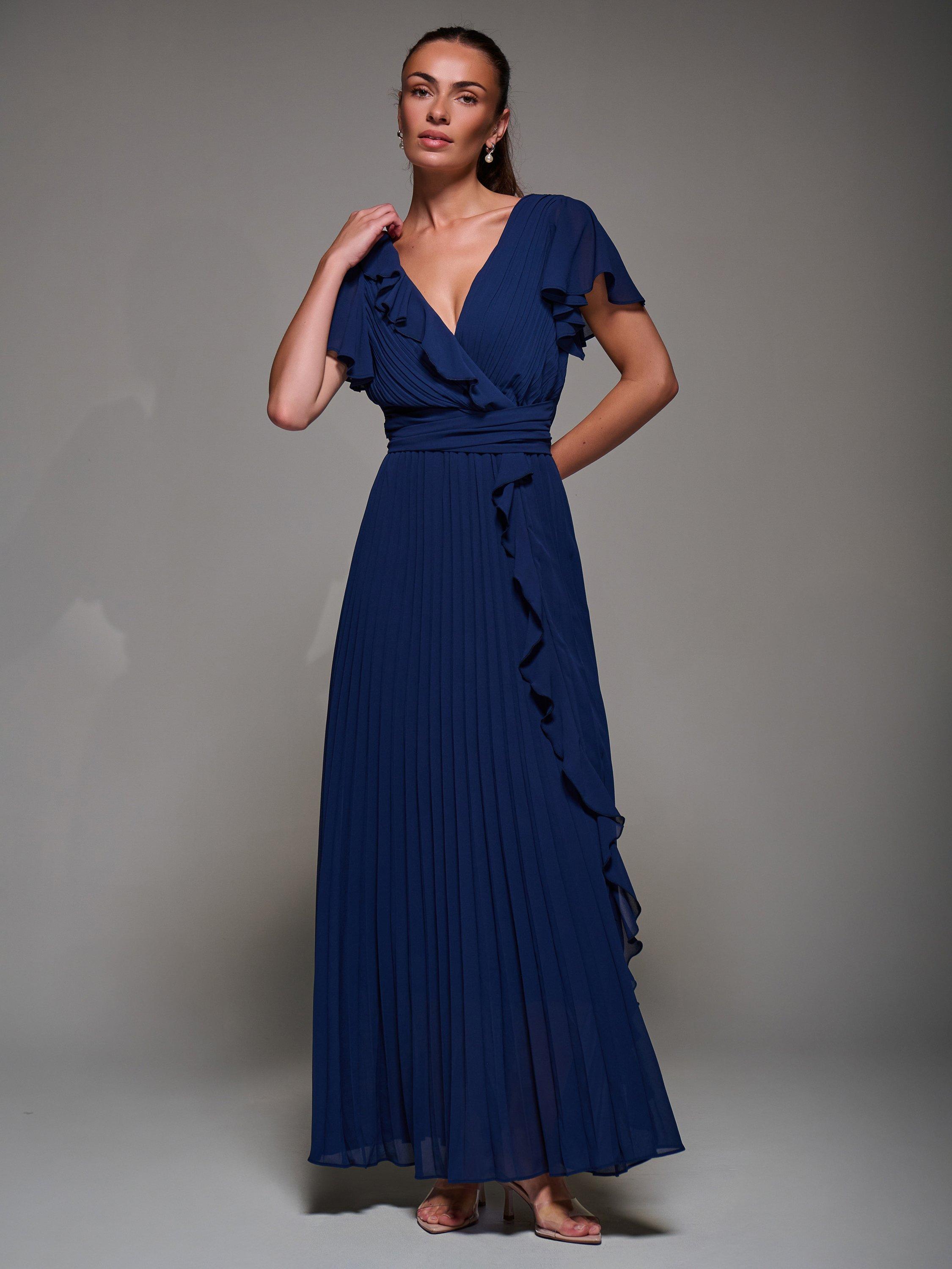 Product image 1 of 7, which shows Jolie Moi Pleated Chiffon Dress, Navy, 8