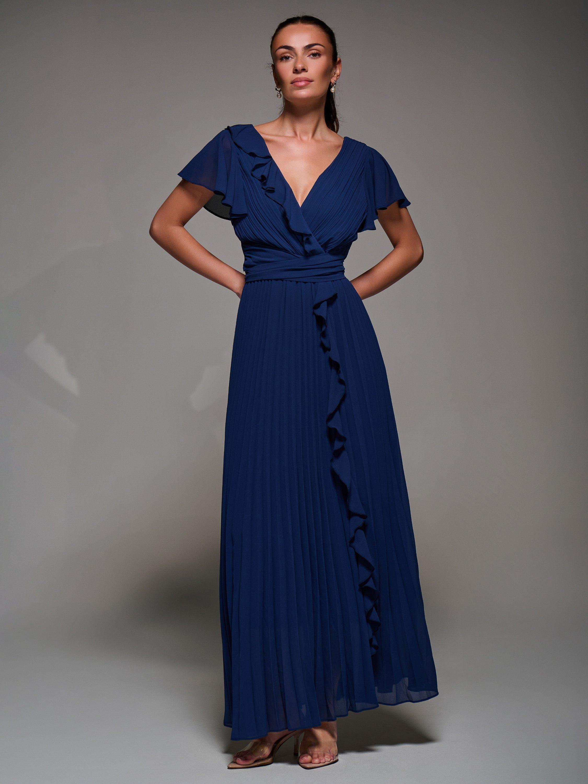Product image 3 of 7, which shows Jolie Moi Pleated Chiffon Dress, Navy, 8