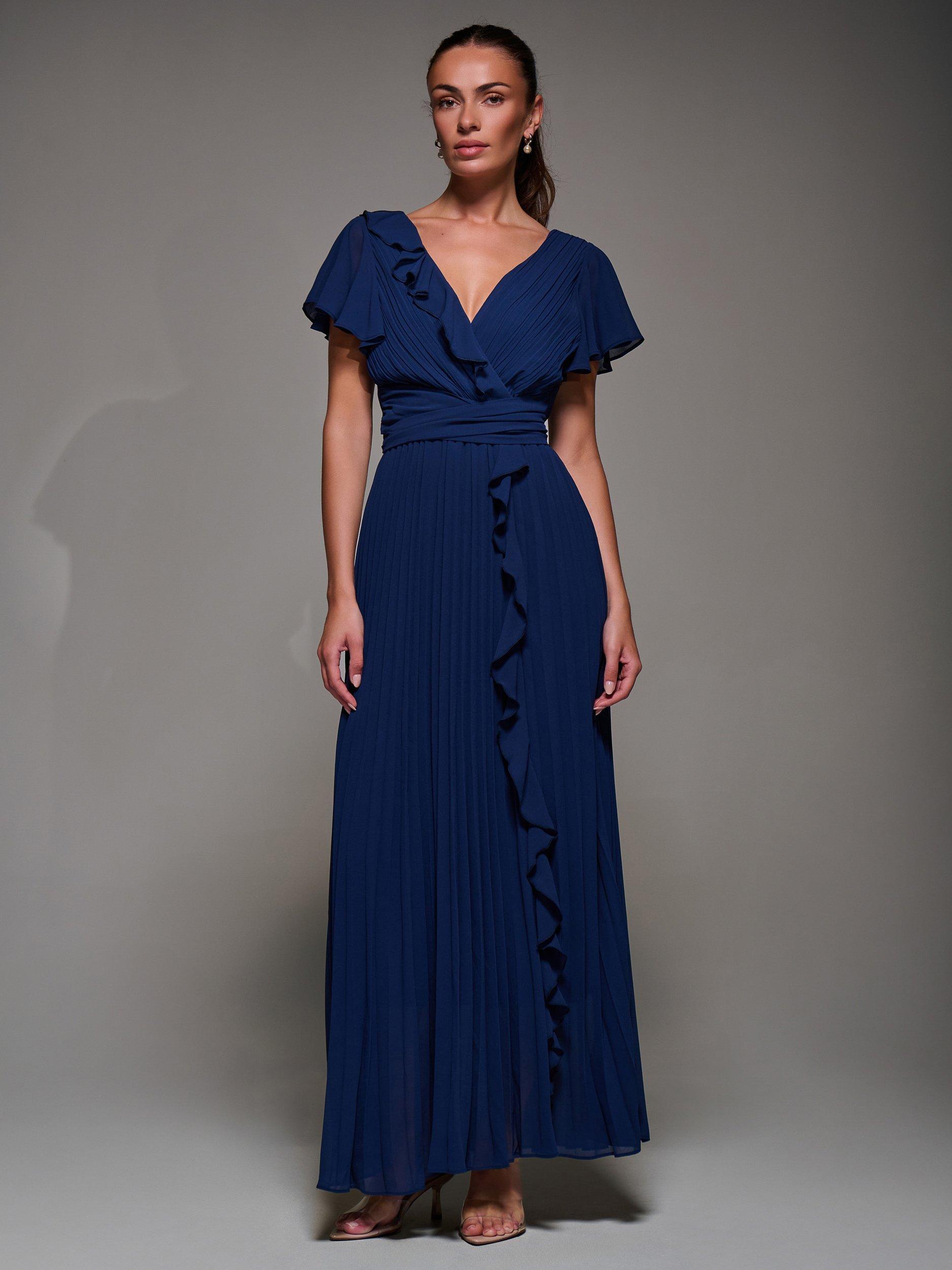 Product image 5 of 7, which shows Jolie Moi Pleated Chiffon Dress, Navy, 8