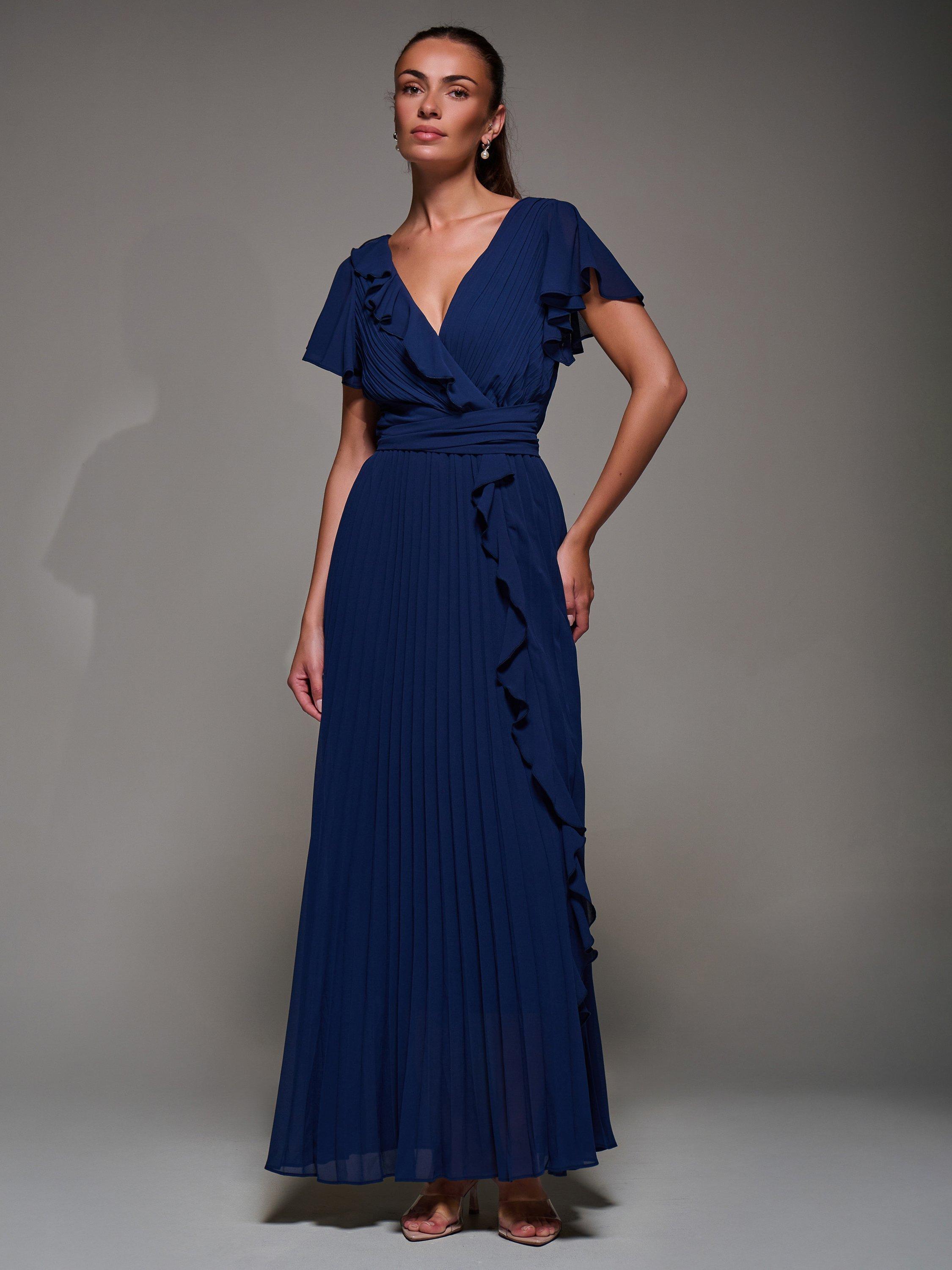 Product image 6 of 7, which shows Jolie Moi Pleated Chiffon Dress, Navy, 8