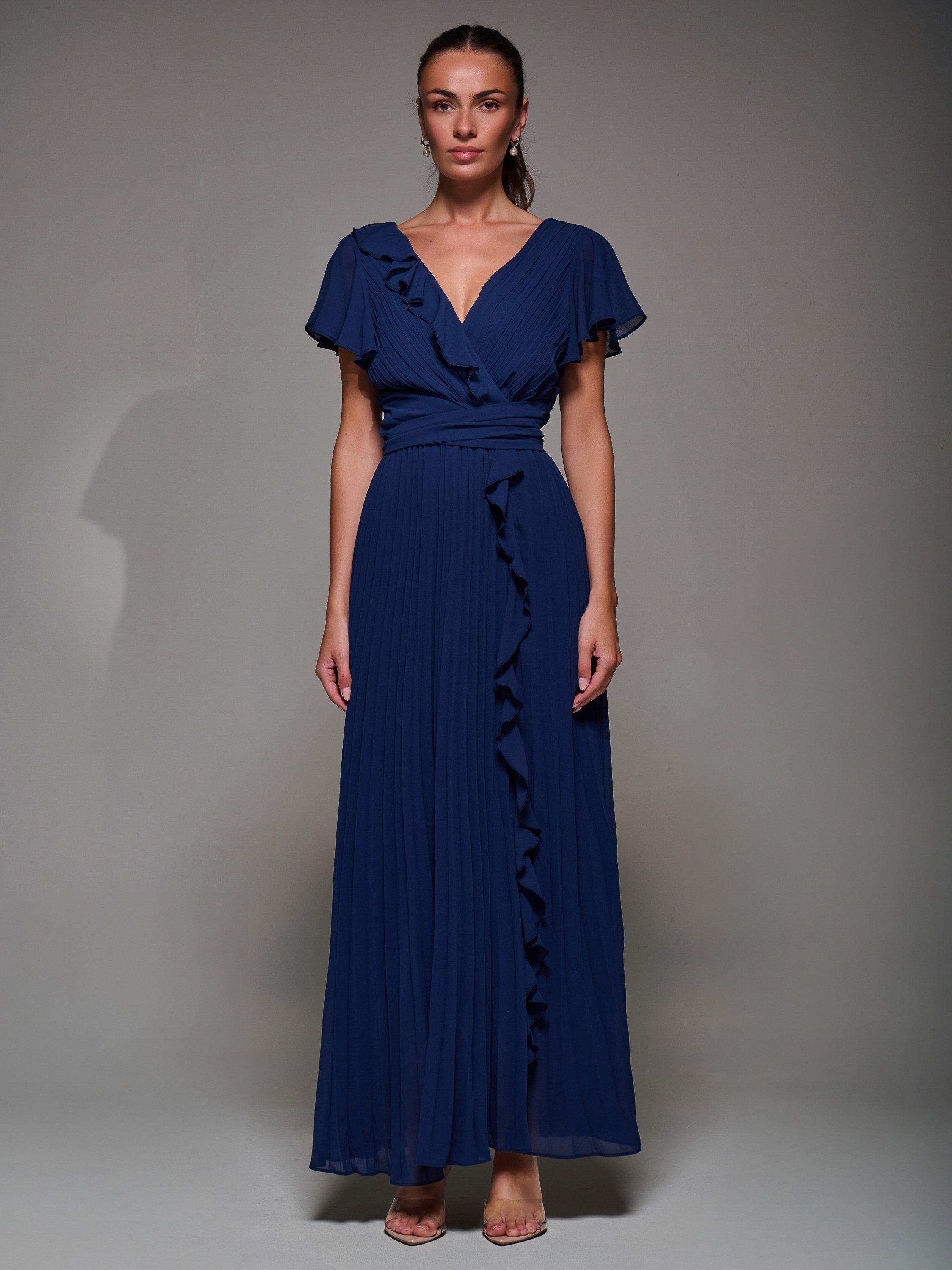 Product image 7 of 7, which shows Jolie Moi Pleated Chiffon Dress, Navy, 8