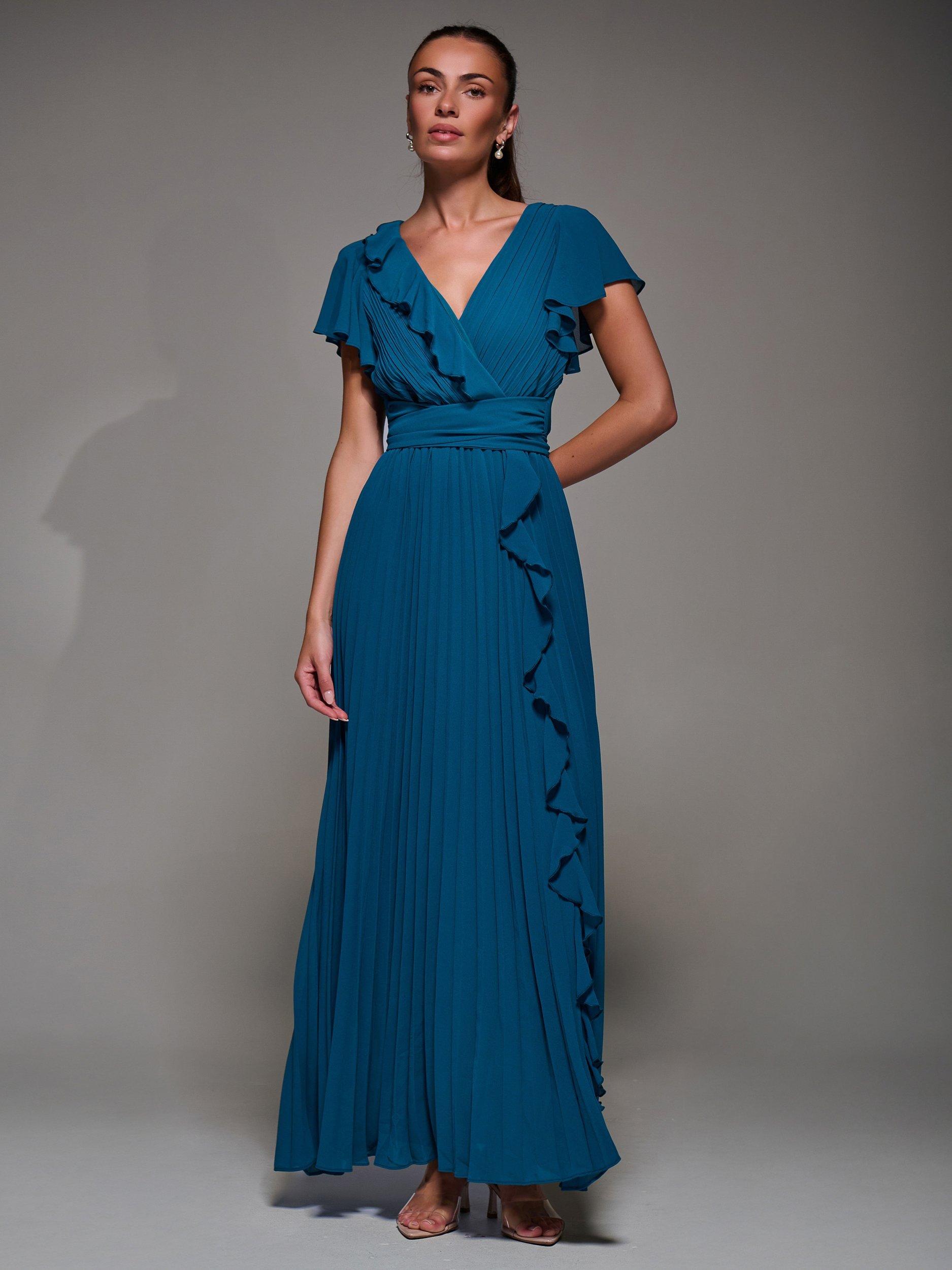 Product image 1 of 7, which shows Jolie Moi Pleated Chiffon Dress, Teal, 8