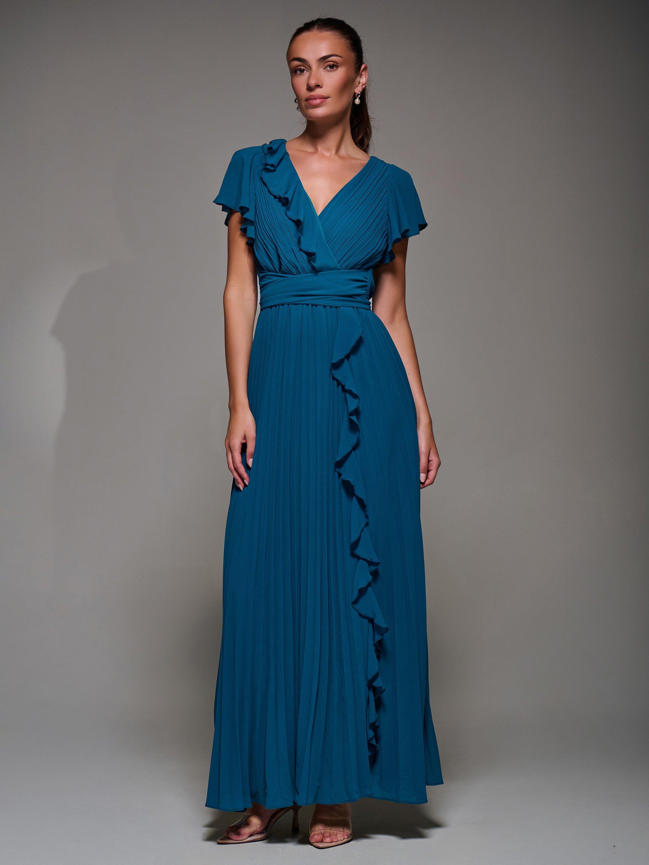 Product image 3 of 7, which shows Jolie Moi Pleated Chiffon Dress, Teal, 8