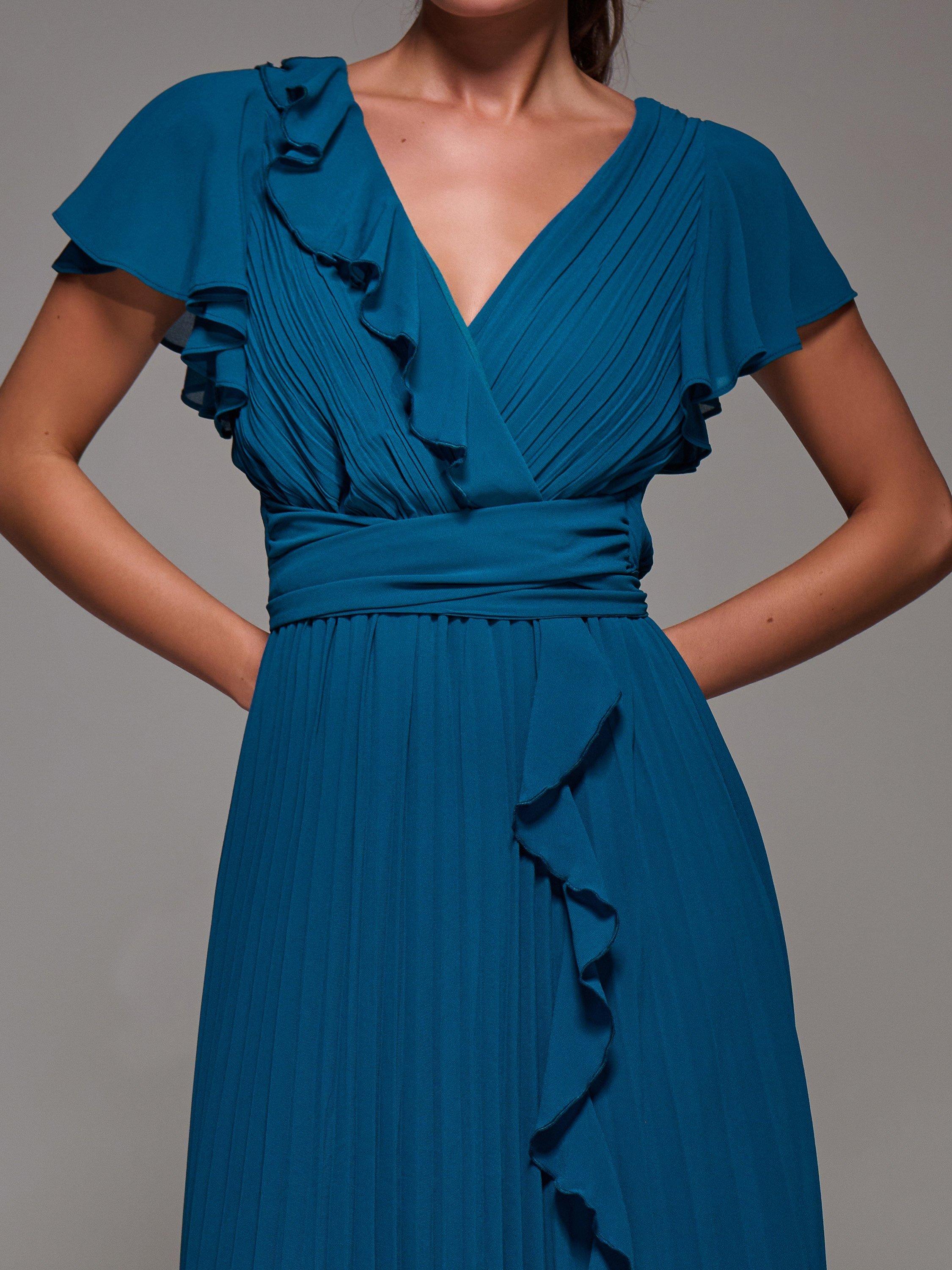 Product image 4 of 7, which shows Jolie Moi Pleated Chiffon Dress, Teal, 8