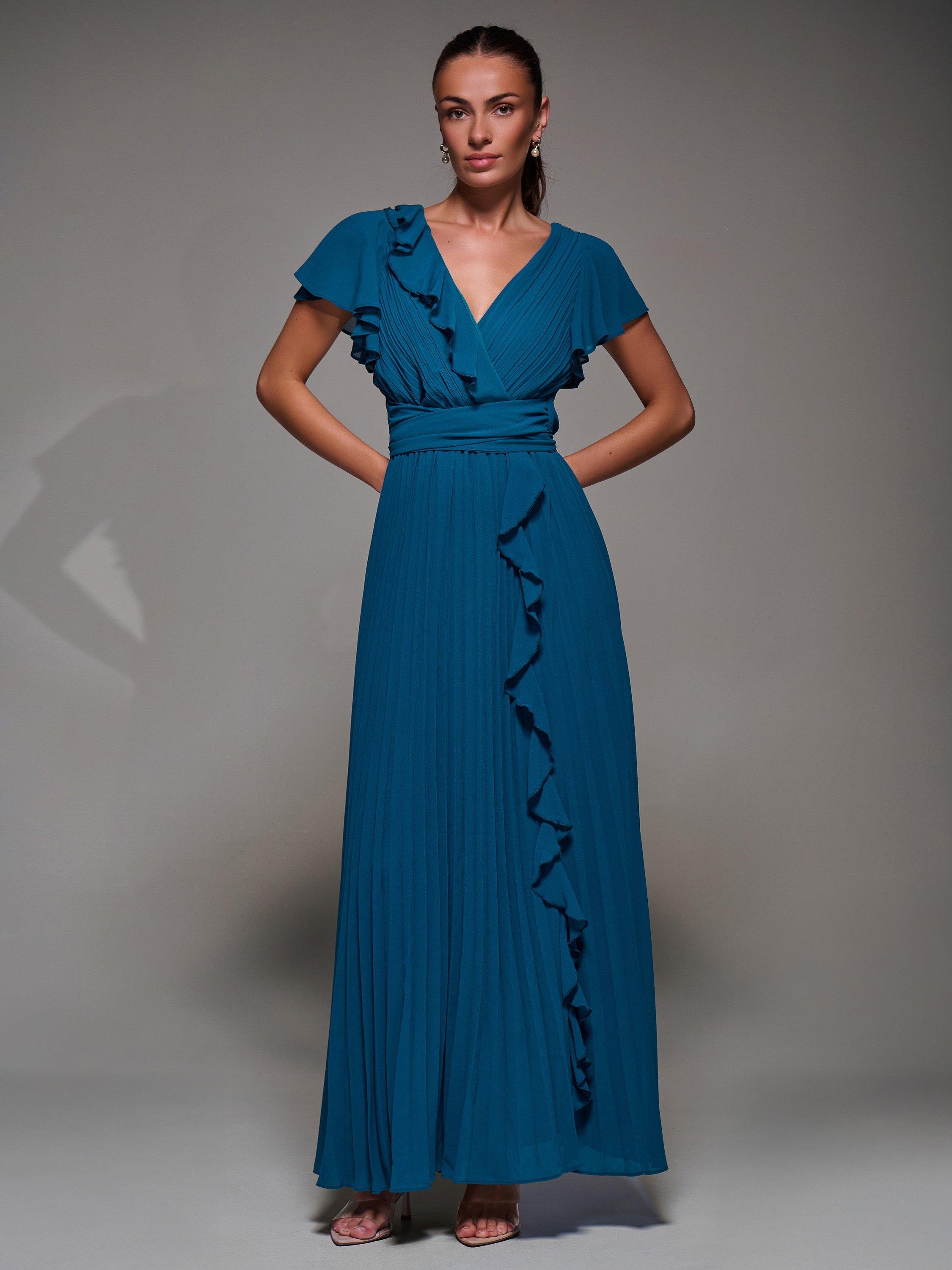 Product image 5 of 7, which shows Jolie Moi Pleated Chiffon Dress, Teal, 8