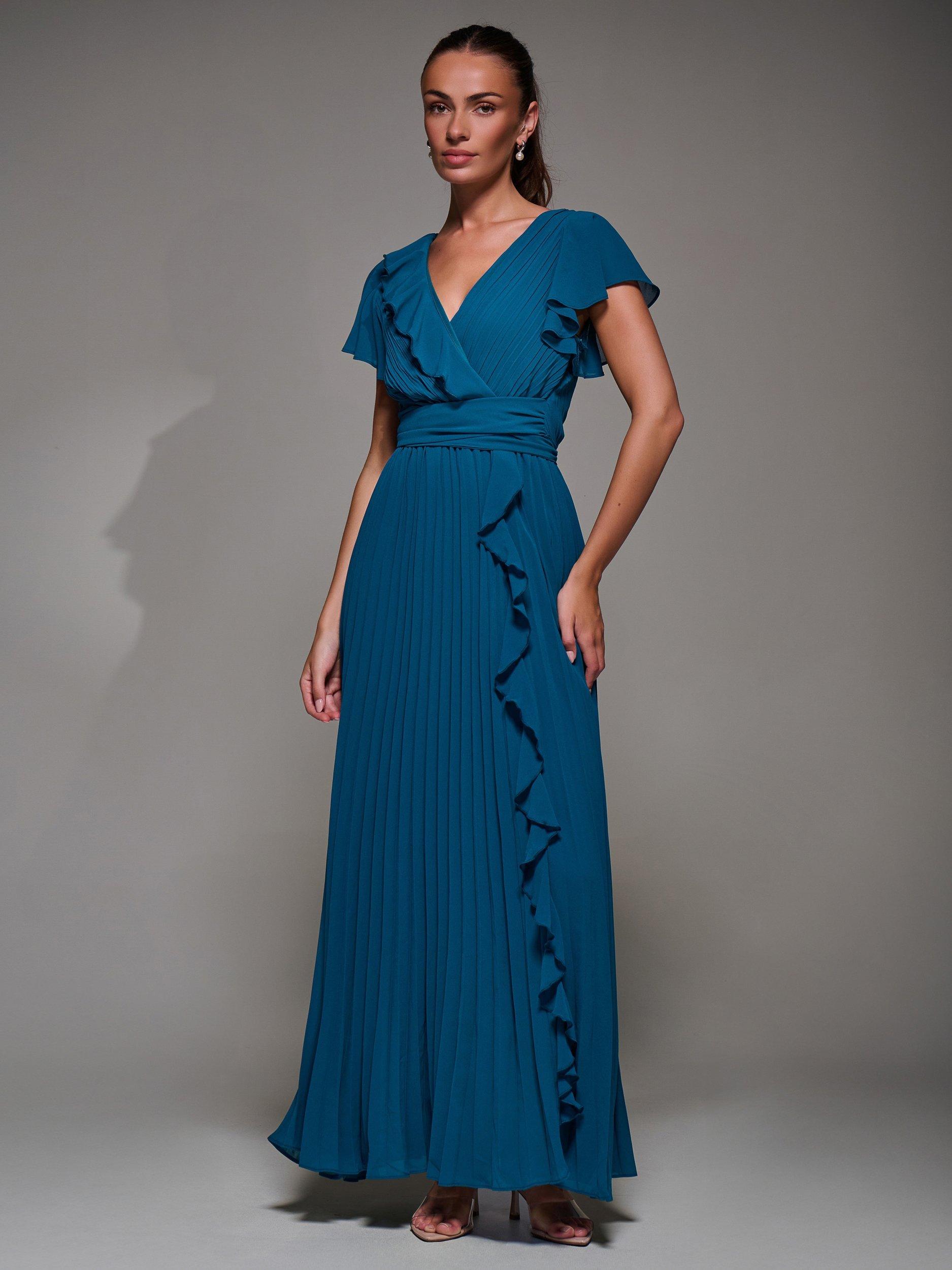 Product image 7 of 7, which shows Jolie Moi Pleated Chiffon Dress, Teal, 8