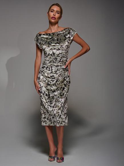 Jolie Moi Velvet Ruched Dress, Neutral