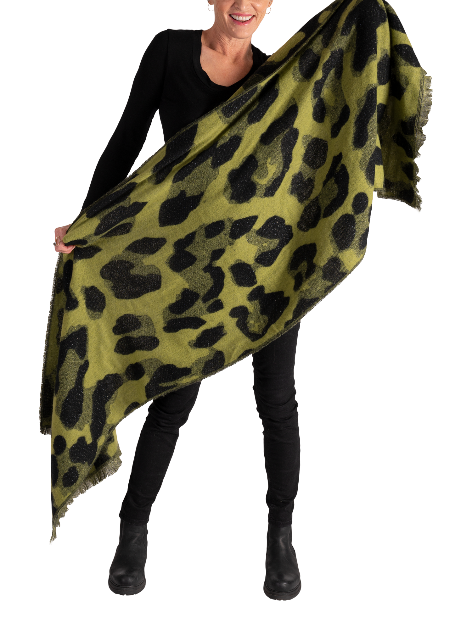 Product image 3 of 6, which shows chesca Animal Print Scarf, Lime/Black