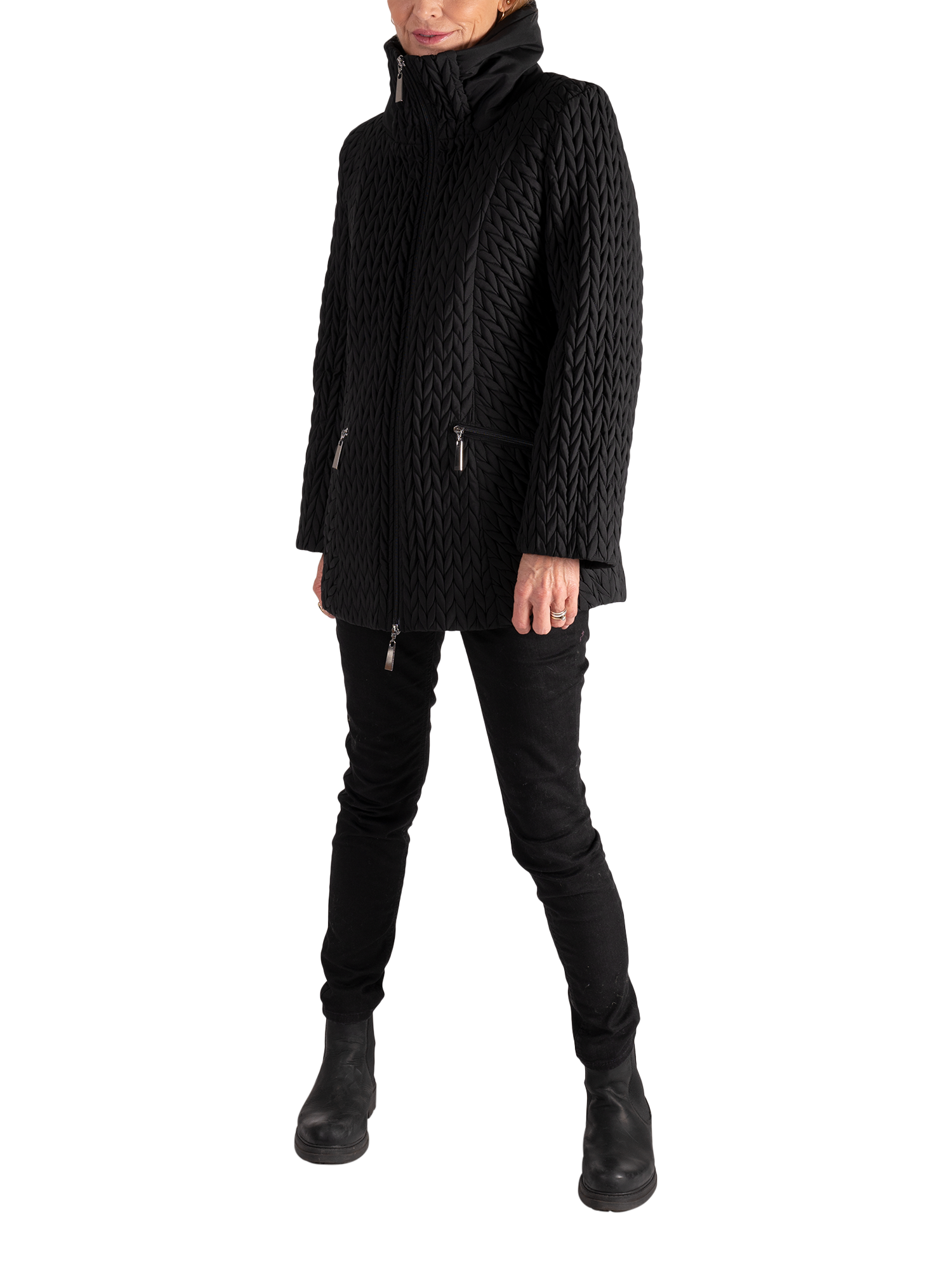 Product image 1 of 8, which shows chesca Cable Embroidered Quilted Coat, Black, 12-14