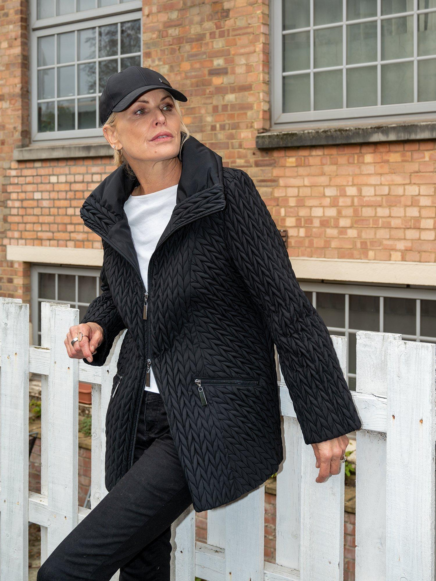 Product image 2 of 8, which shows chesca Cable Embroidered Quilted Coat, Black, 12-14