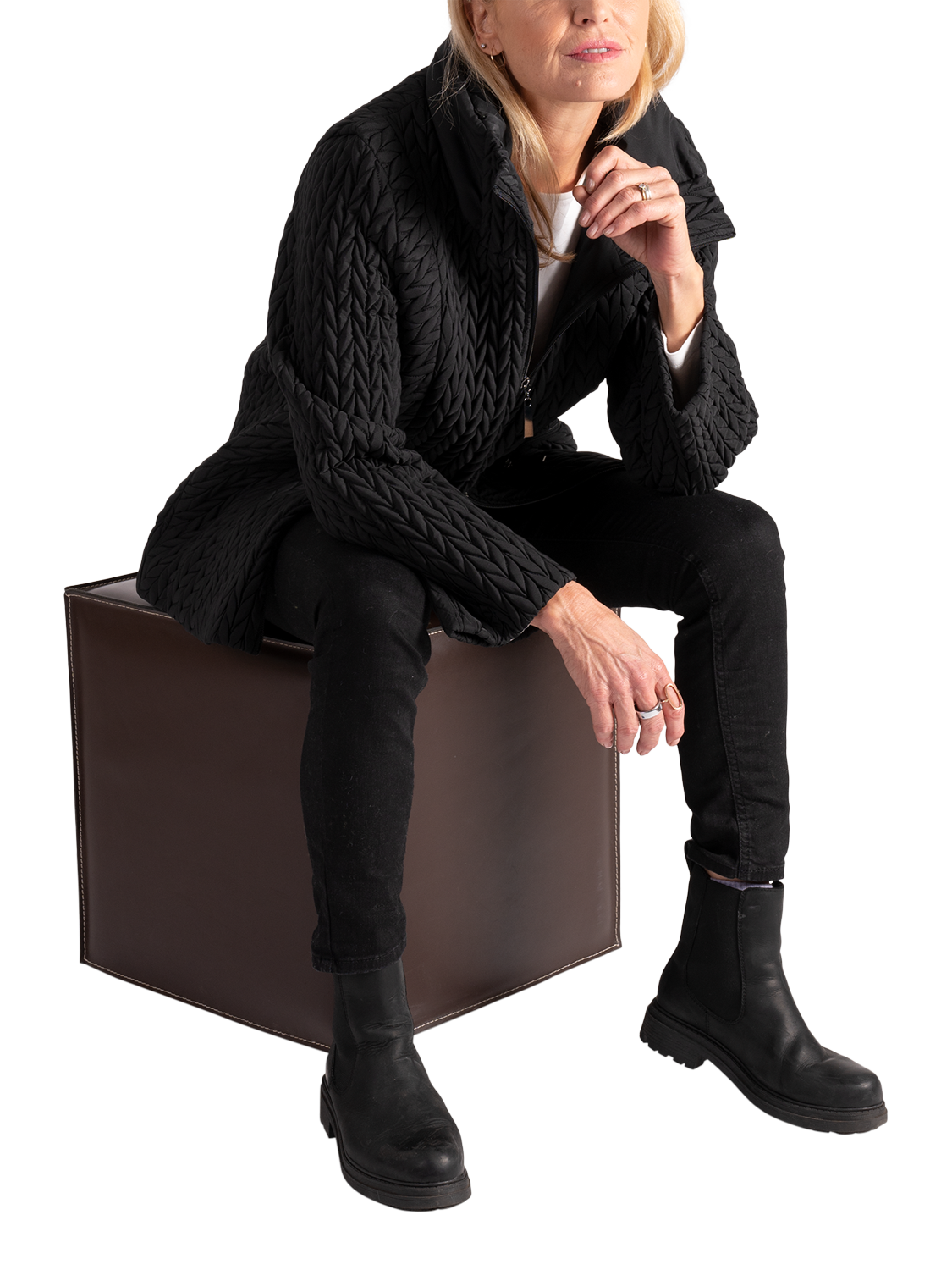 Product image 3 of 8, which shows chesca Cable Embroidered Quilted Coat, Black, 12-14