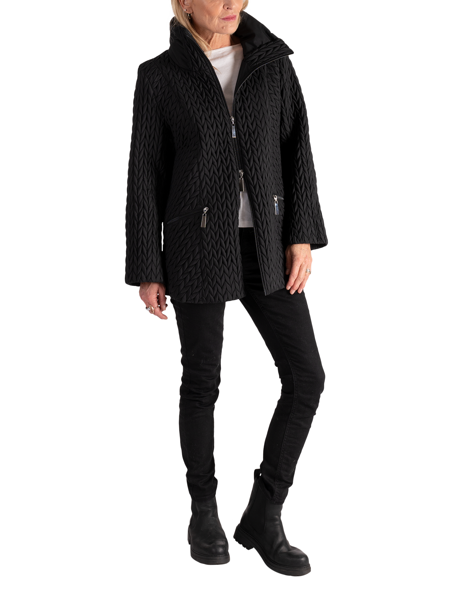 Product image 4 of 8, which shows chesca Cable Embroidered Quilted Coat, Black, 12-14