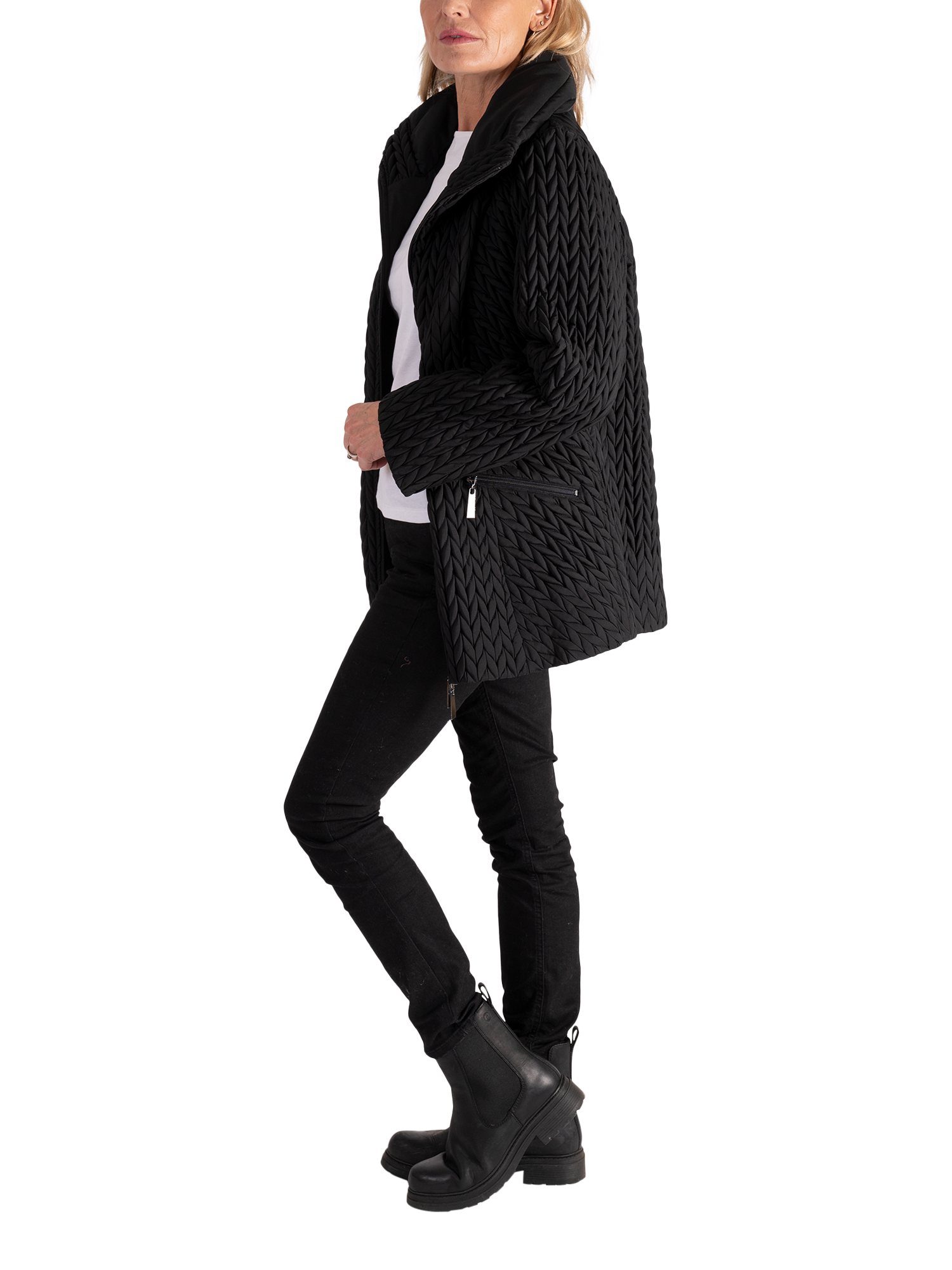 Product image 5 of 8, which shows chesca Cable Embroidered Quilted Coat, Black, 12-14