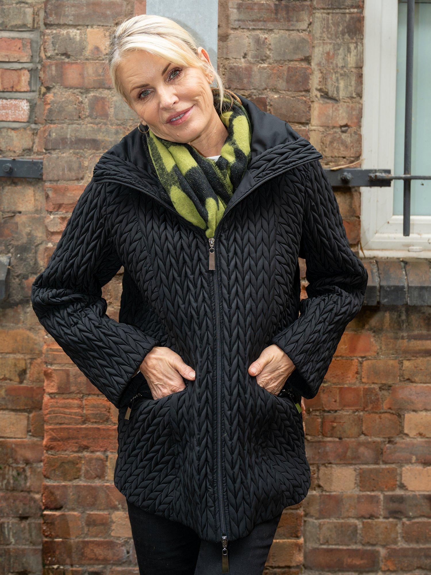 Product image 8 of 8, which shows chesca Cable Embroidered Quilted Coat, Black, 12-14