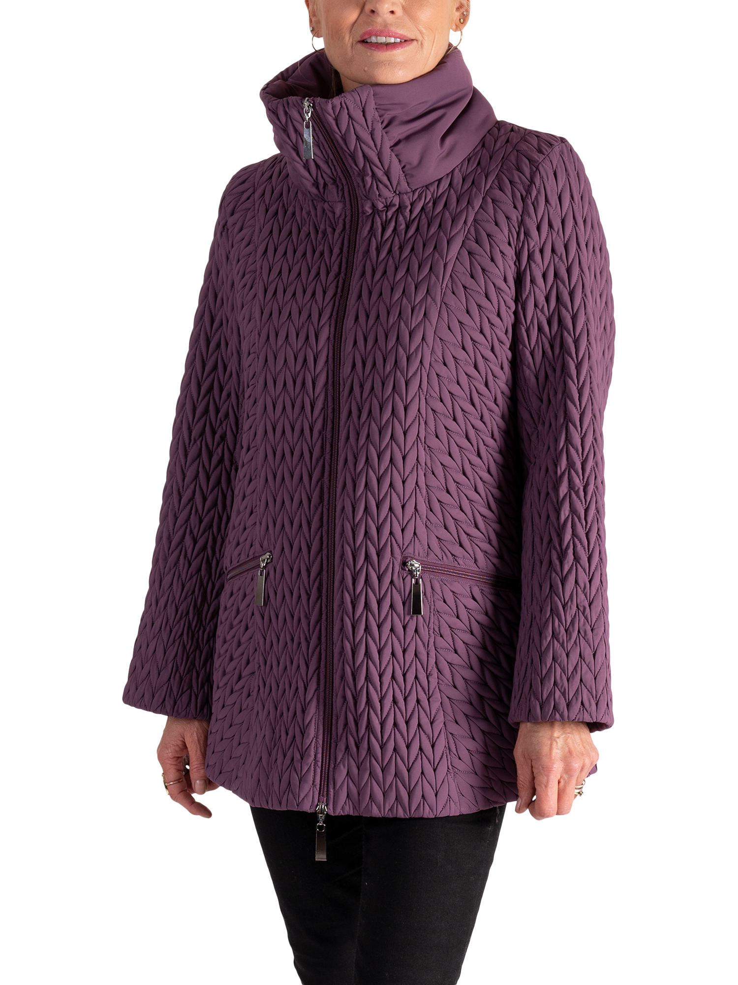 Product image 2 of 8, which shows chesca Cable Embroidered Quilted Coat, Hyacinth, 12-14