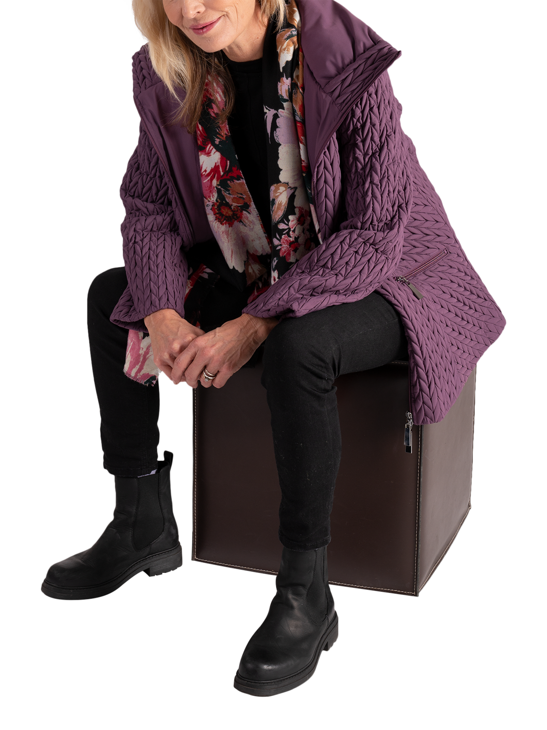 Product image 6 of 8, which shows chesca Cable Embroidered Quilted Coat, Hyacinth, 12-14