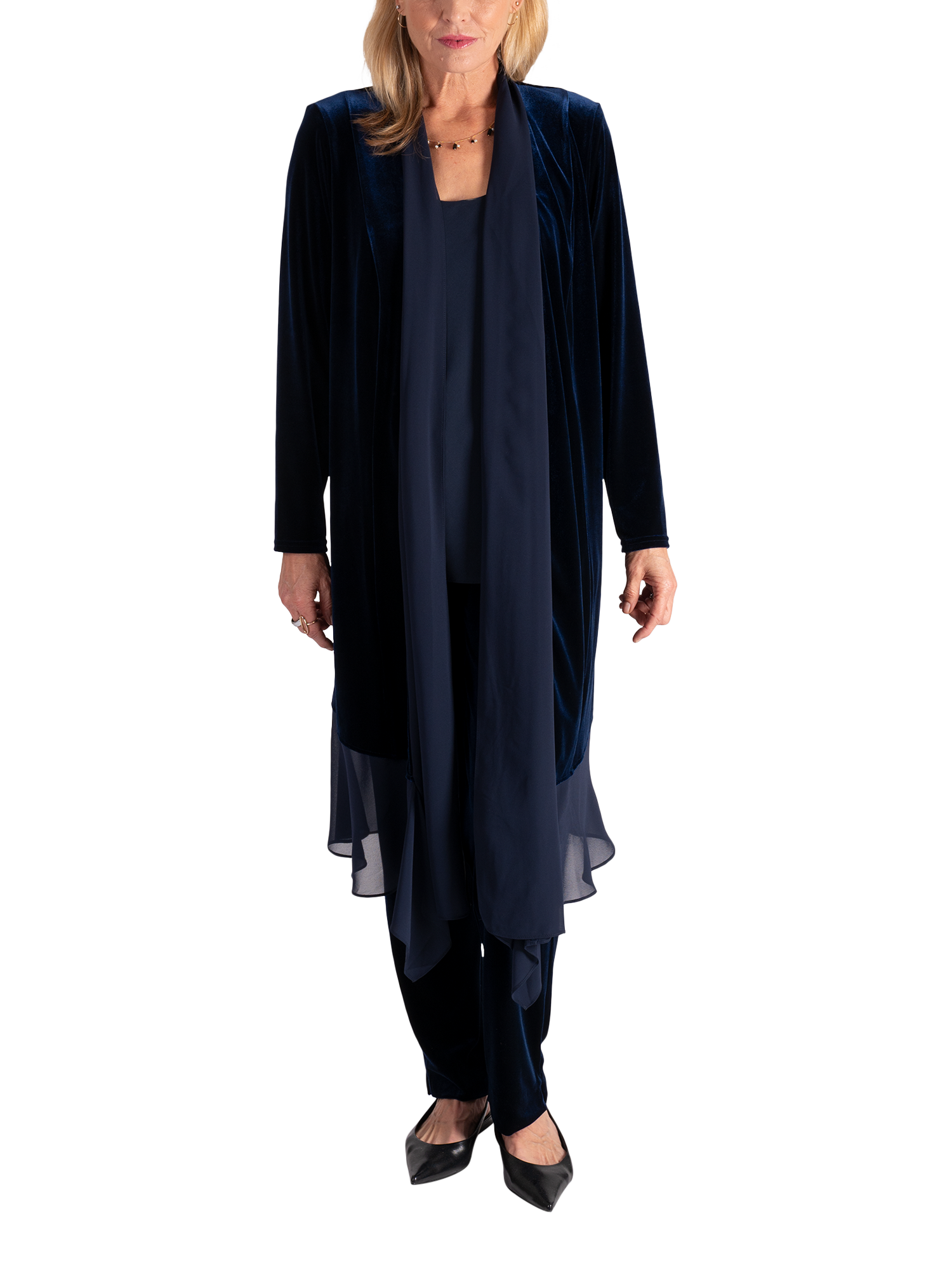 Product image 1 of 6, which shows chesca Stretch Velvet Shawl Neck Jacket, Navy, 12-14