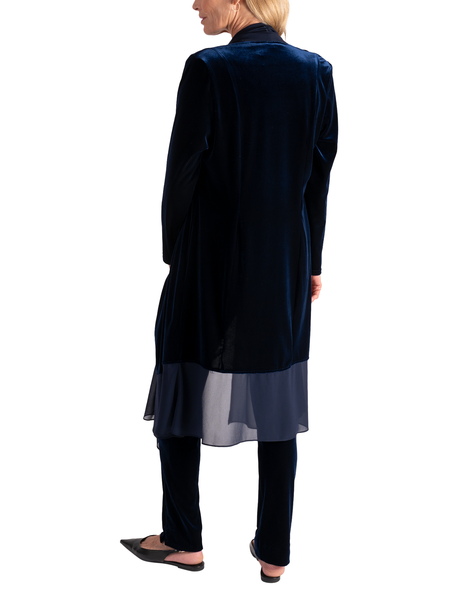 Product image 2 of 6, which shows chesca Stretch Velvet Shawl Neck Jacket, Navy, 12-14
