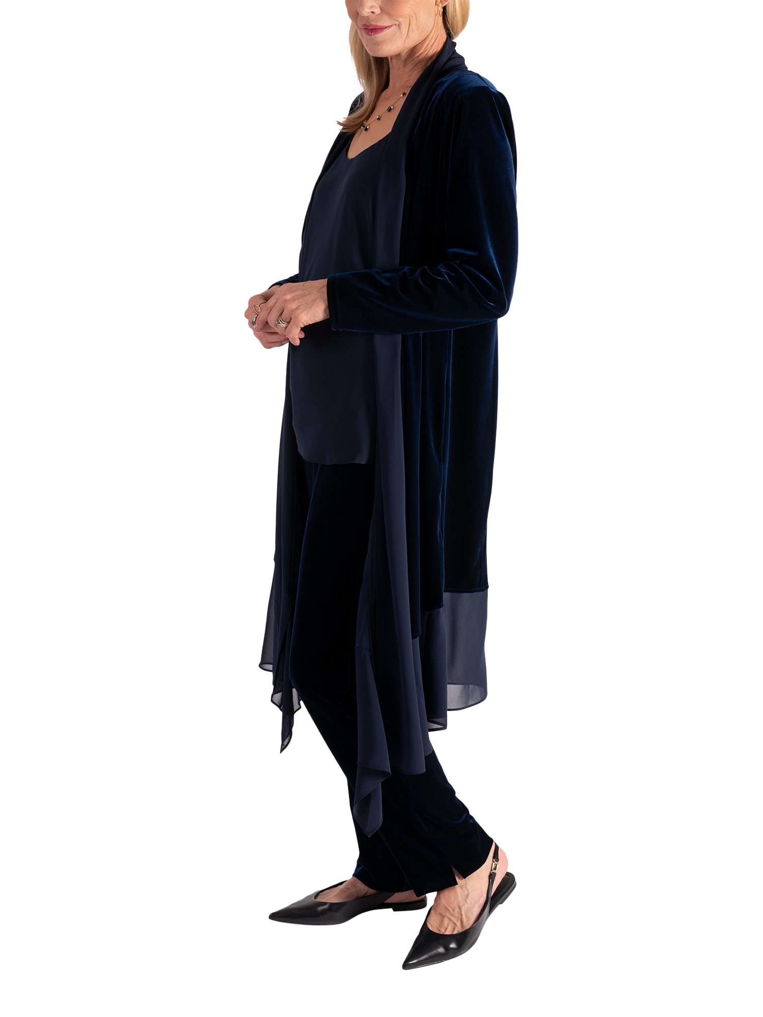 Product image 4 of 6, which shows chesca Stretch Velvet Shawl Neck Jacket, Navy, 12-14