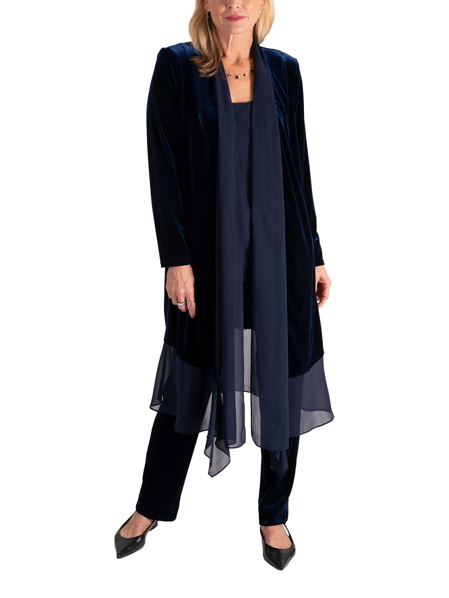 Product image 5 of 6, which shows chesca Stretch Velvet Shawl Neck Jacket, Navy, 12-14