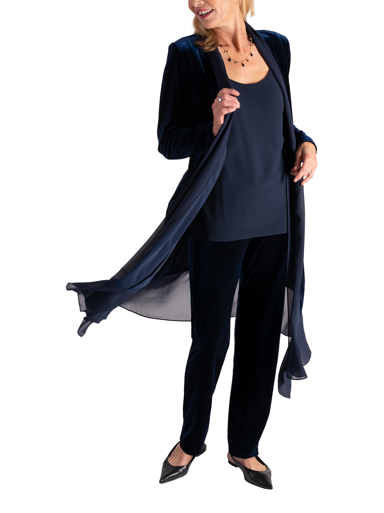 Product image 6 of 6, which shows chesca Stretch Velvet Shawl Neck Jacket, Navy, 12-14