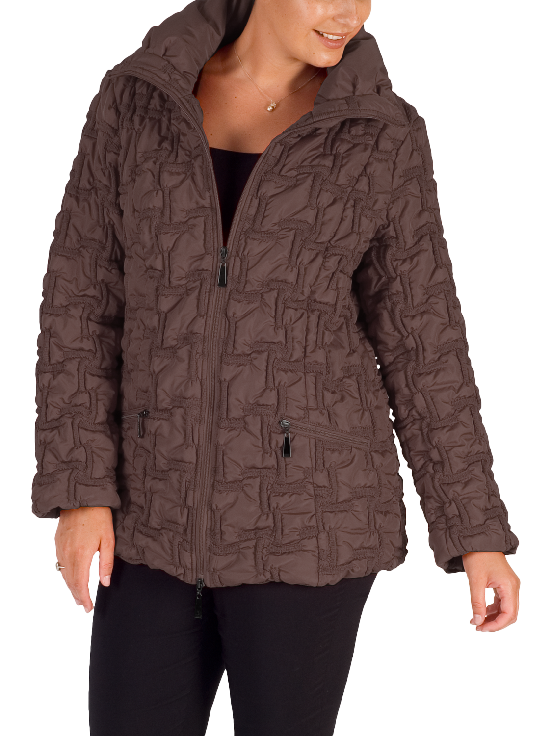 Product image 1 of 6, which shows chesca Bonfire Embroidered Quilted Coat, Walnut, 12-14