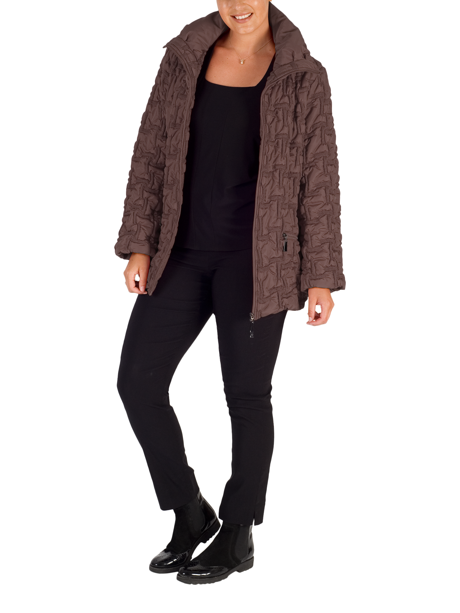 Product image 3 of 6, which shows chesca Bonfire Embroidered Quilted Coat, Walnut, 12-14