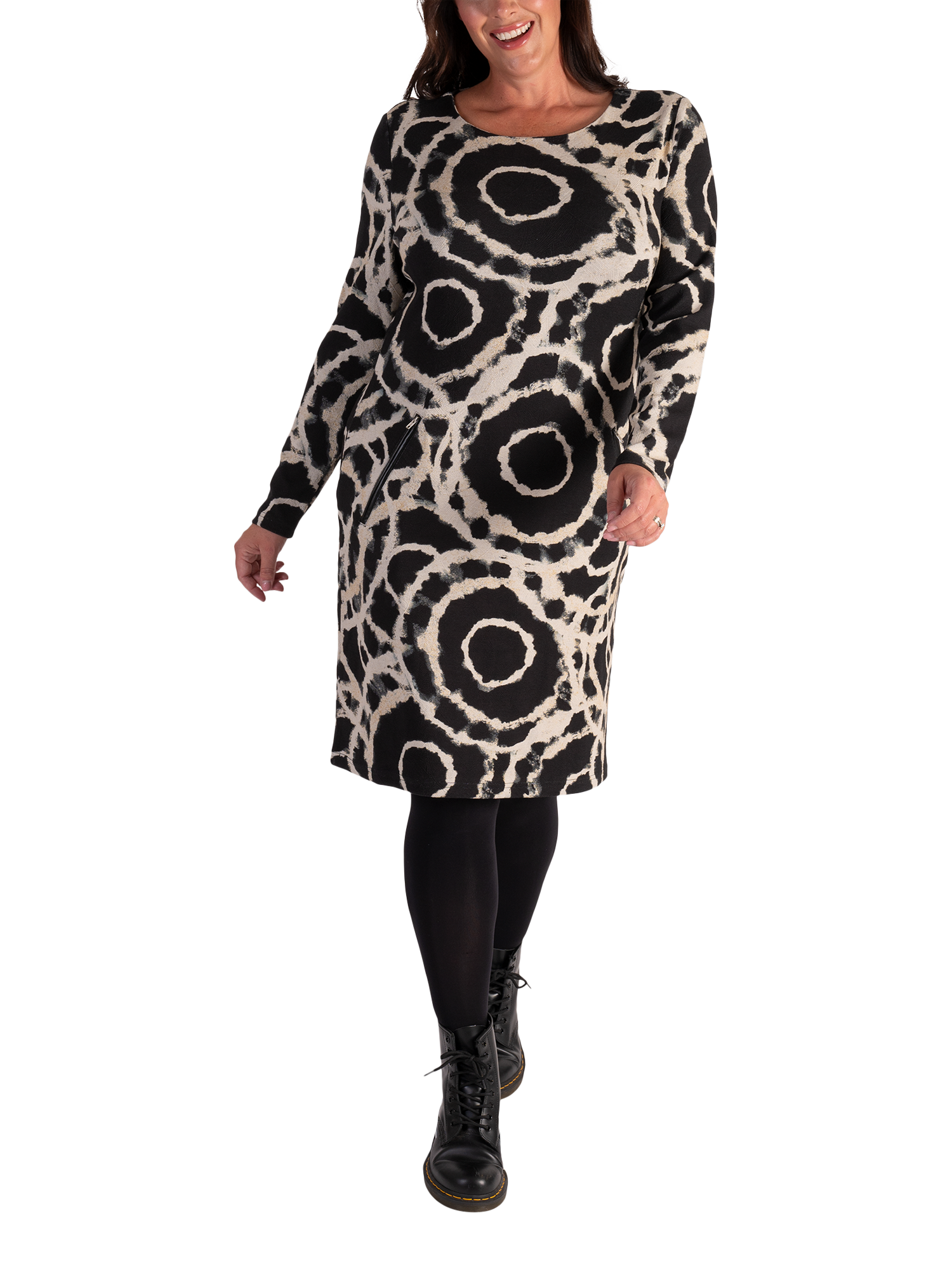 Product image 1 of 5, which shows chesca Artistic Circles Crepe Midi Dress, Black/Stone, 14-16