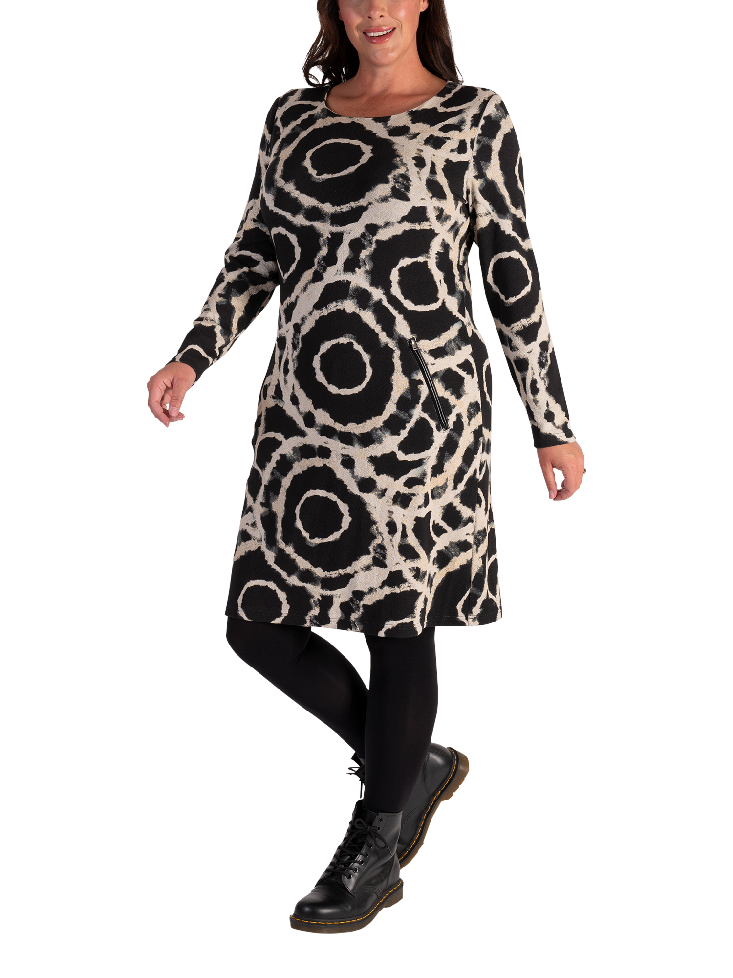 Product image 3 of 5, which shows chesca Artistic Circles Crepe Midi Dress, Black/Stone, 14-16