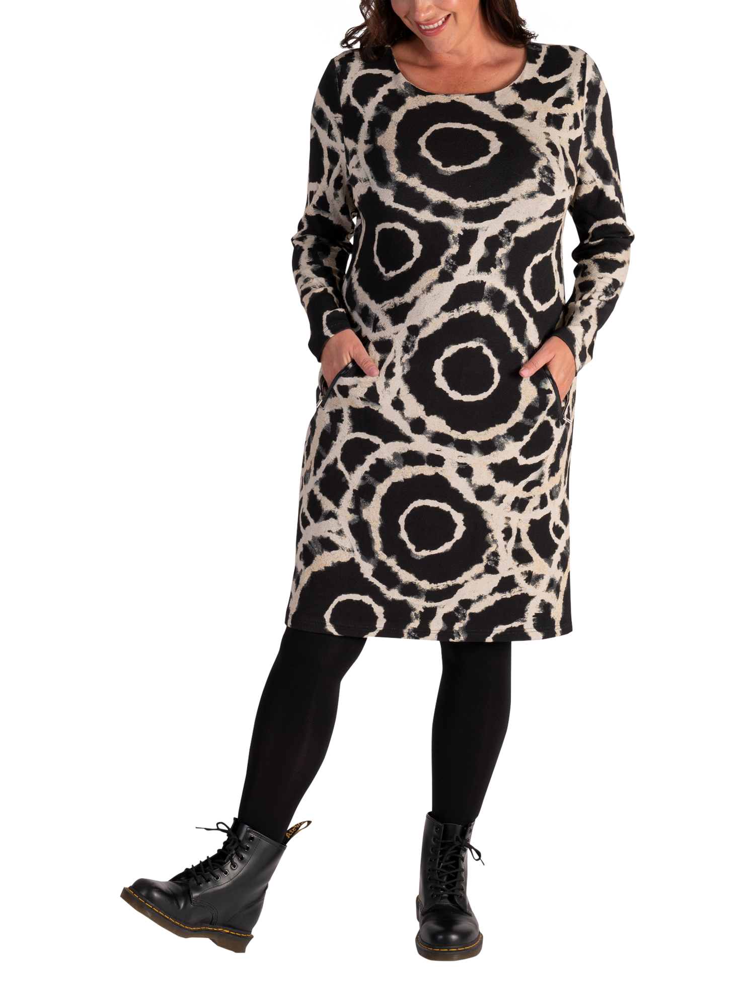Product image 4 of 5, which shows chesca Artistic Circles Crepe Midi Dress, Black/Stone, 14-16