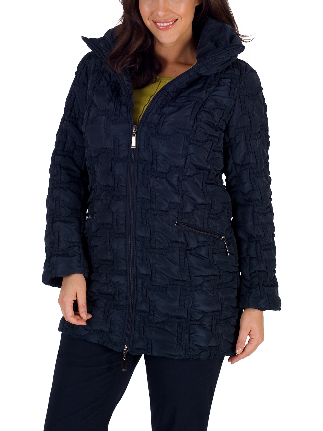 Product image 1 of 5, which shows chesca Bonfire Embroidered Quilted Coat, Navy, 12-14
