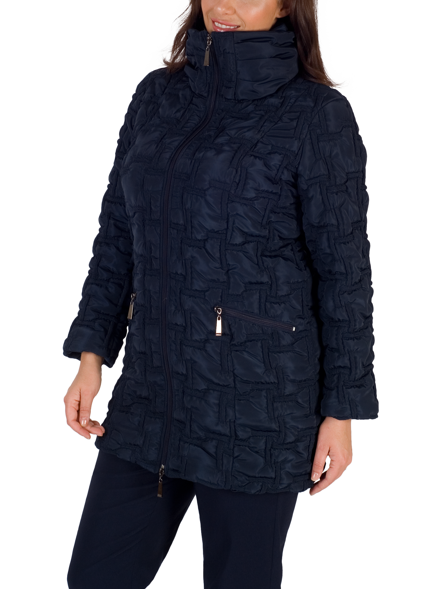 Product image 3 of 5, which shows chesca Bonfire Embroidered Quilted Coat, Navy, 12-14