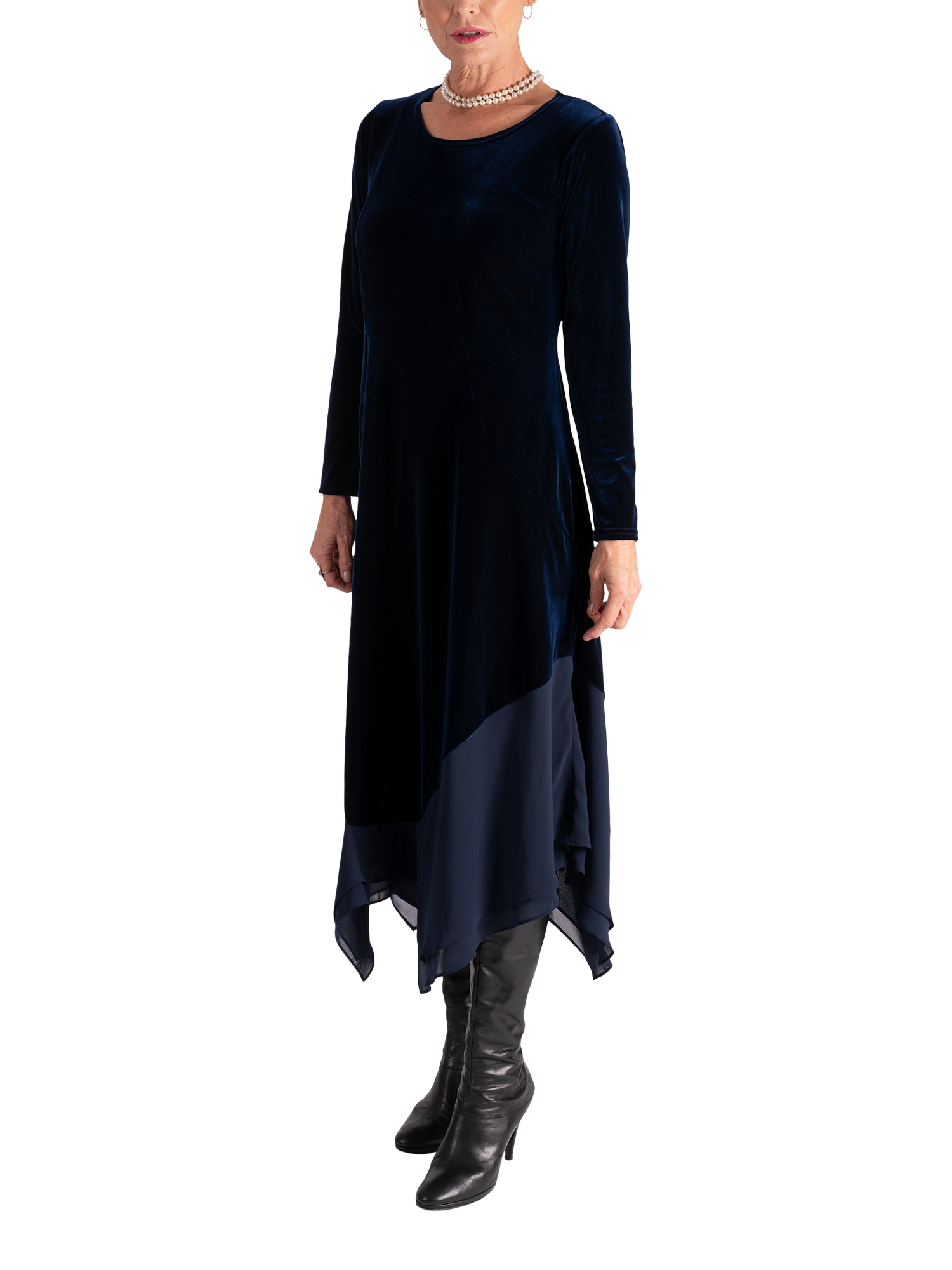 chesca Stretch Velvet Chiffon Trim Midi Dress, Navy