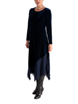 chesca Stretch Velvet Chiffon Trim Midi Dress, Navy, Navy