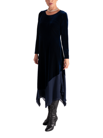 chesca Stretch Velvet Chiffon Trim Midi Dress, Navy, Navy