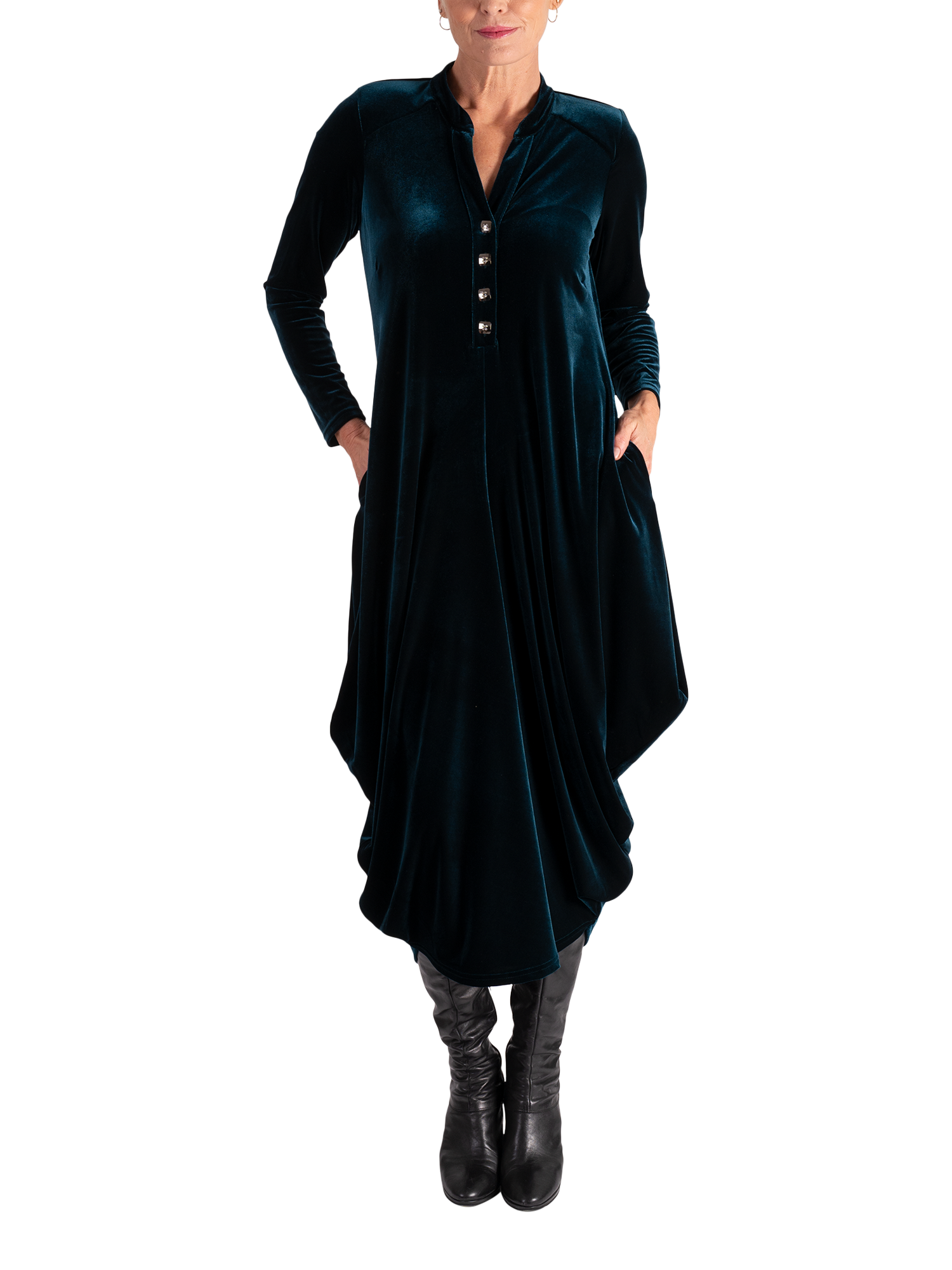 Product image 1 of 8, which shows chesca Stretch Velvet Drape Tulip Dress, Teal, 12-14