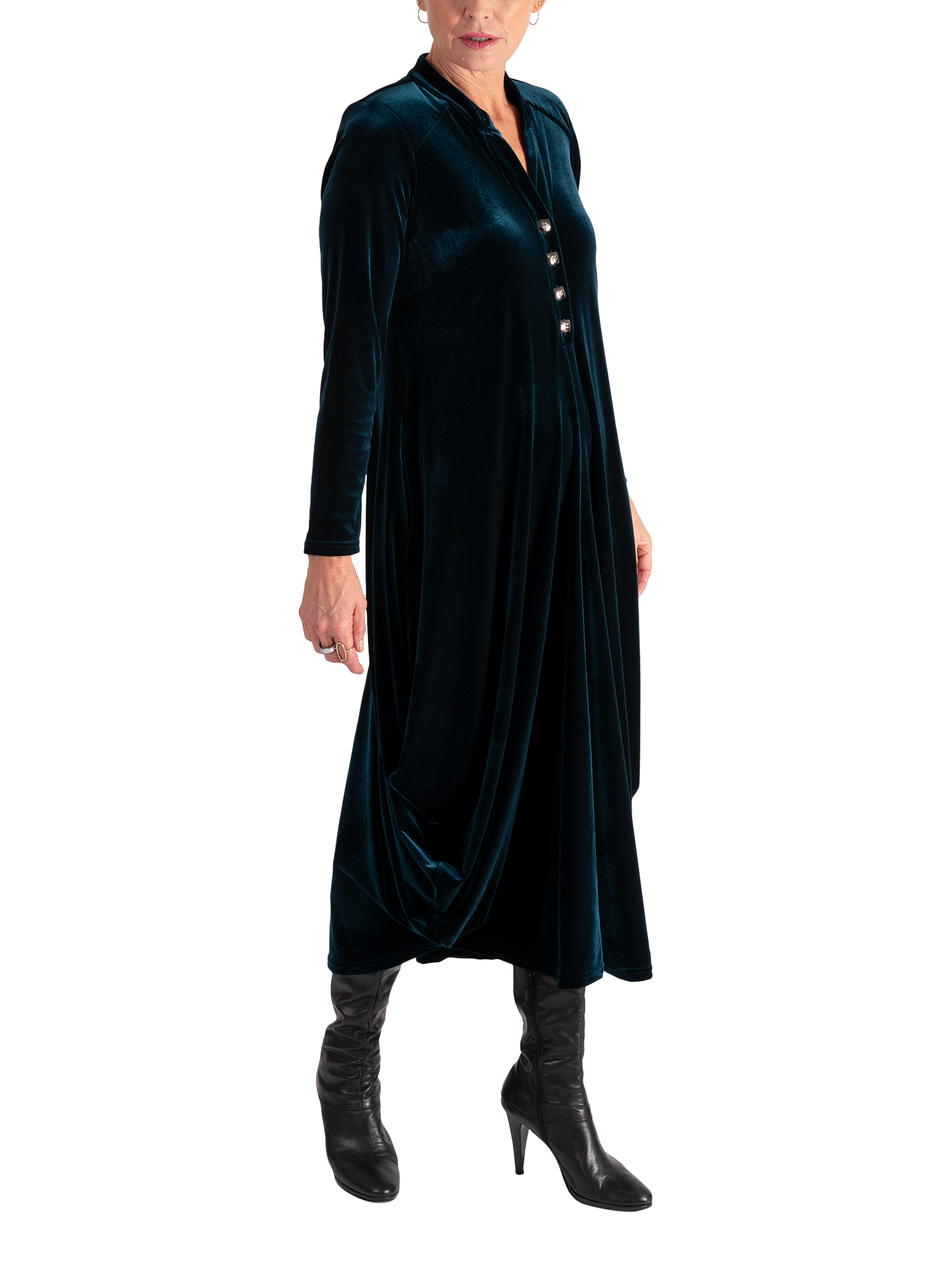 Product image 3 of 8, which shows chesca Stretch Velvet Drape Tulip Dress, Teal, 12-14