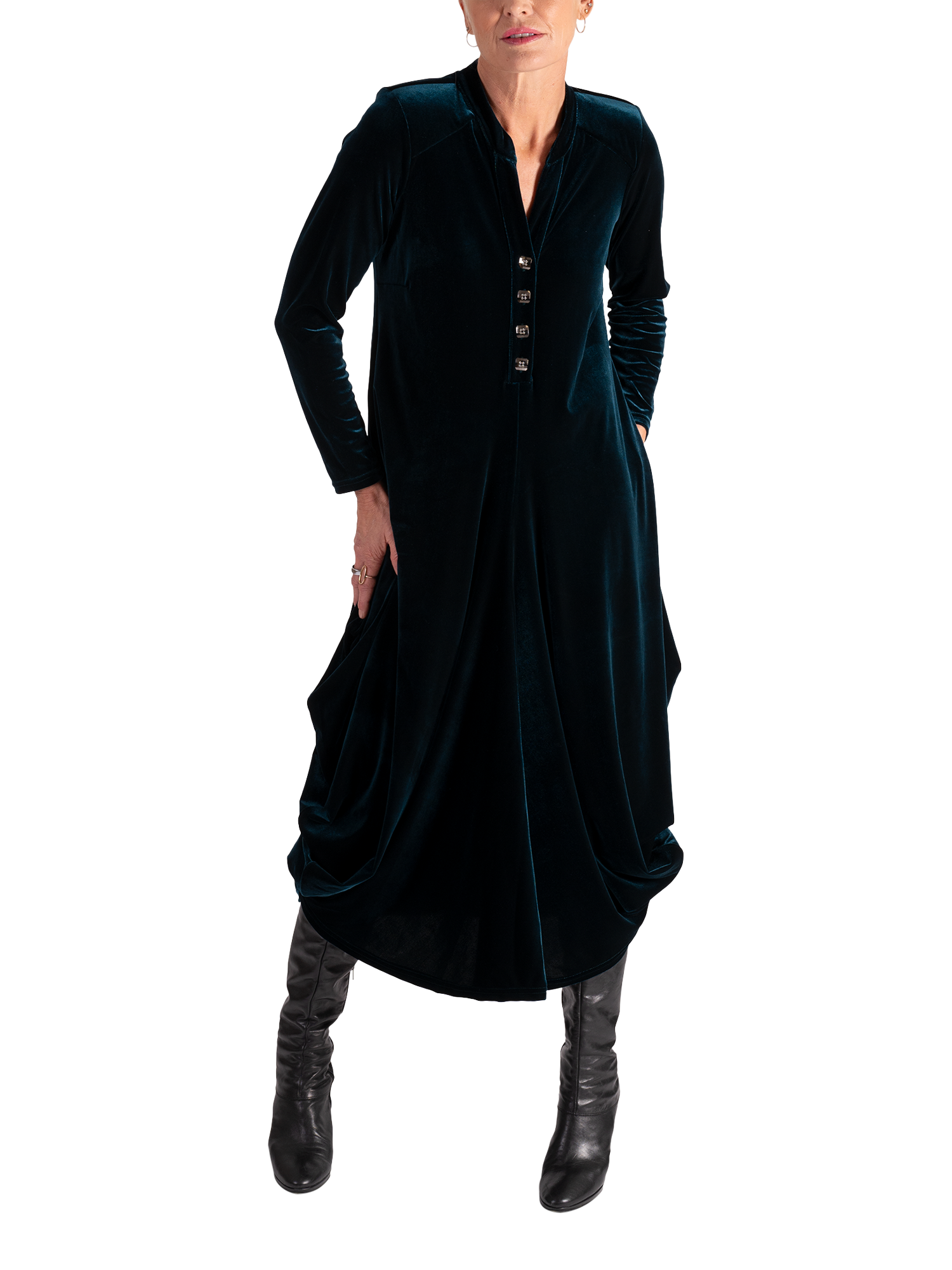 Product image 4 of 8, which shows chesca Stretch Velvet Drape Tulip Dress, Teal, 12-14