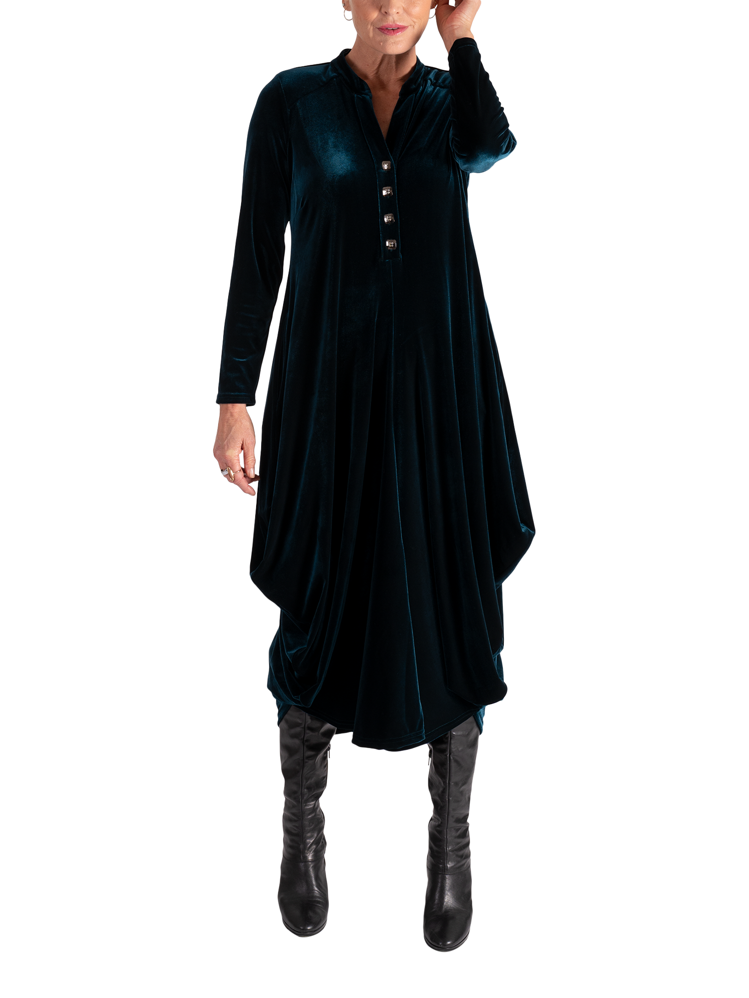 Product image 6 of 8, which shows chesca Stretch Velvet Drape Tulip Dress, Teal, 12-14