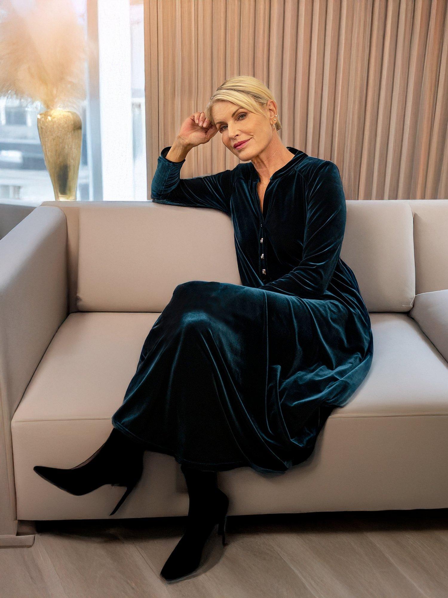 Product image 7 of 8, which shows chesca Stretch Velvet Drape Tulip Dress, Teal, 12-14