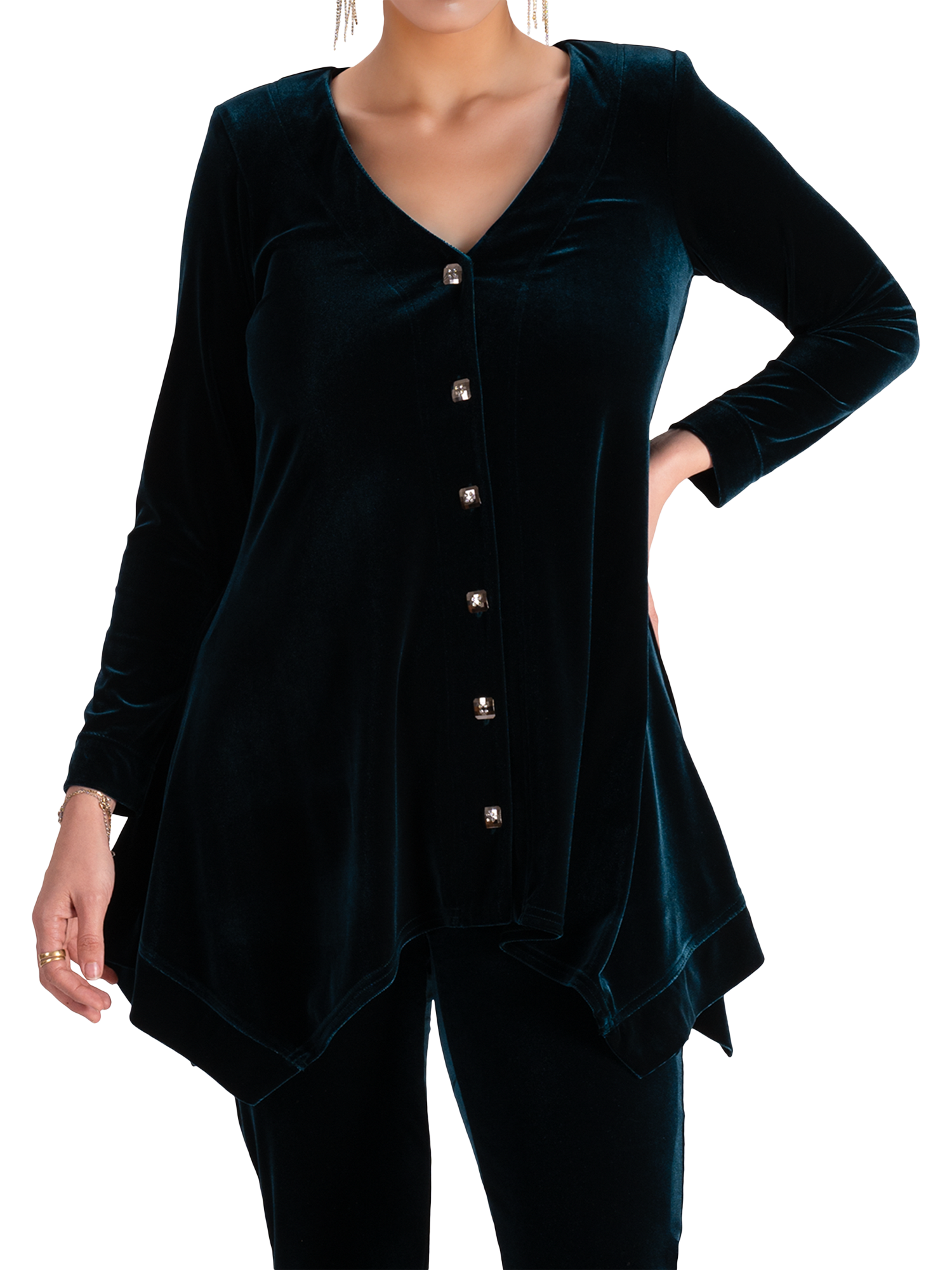 chesca Velvet Long Sleeve V-Neck Top, Teal