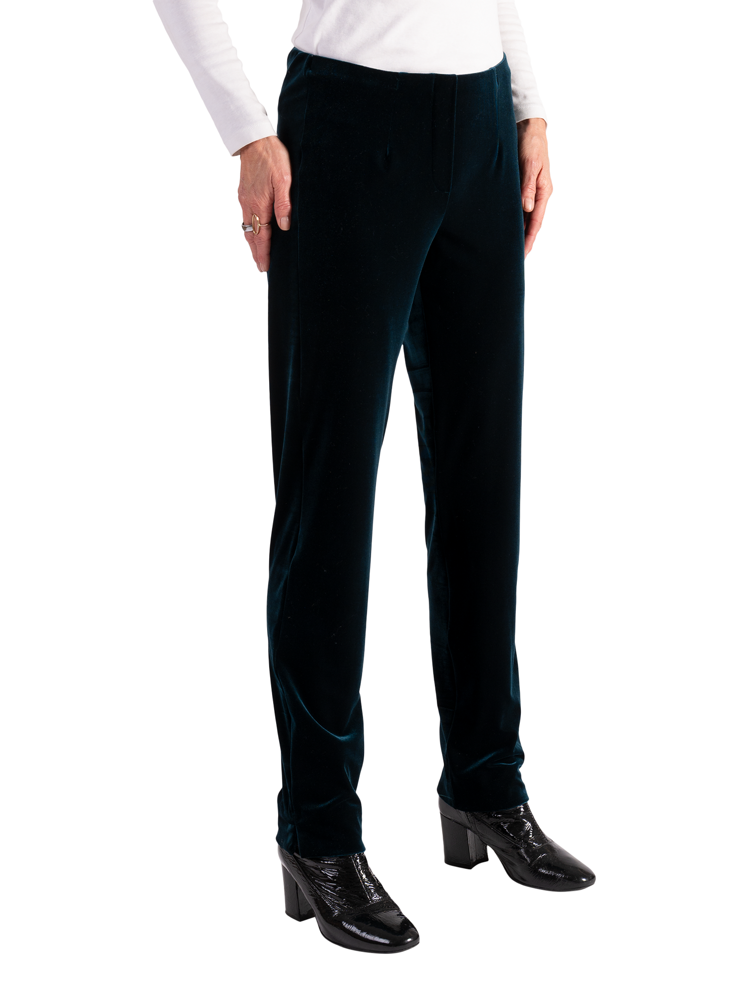 Product image 1 of 5, which shows chesca Stretch Velvet Slim Trousers, Teal, 12-14